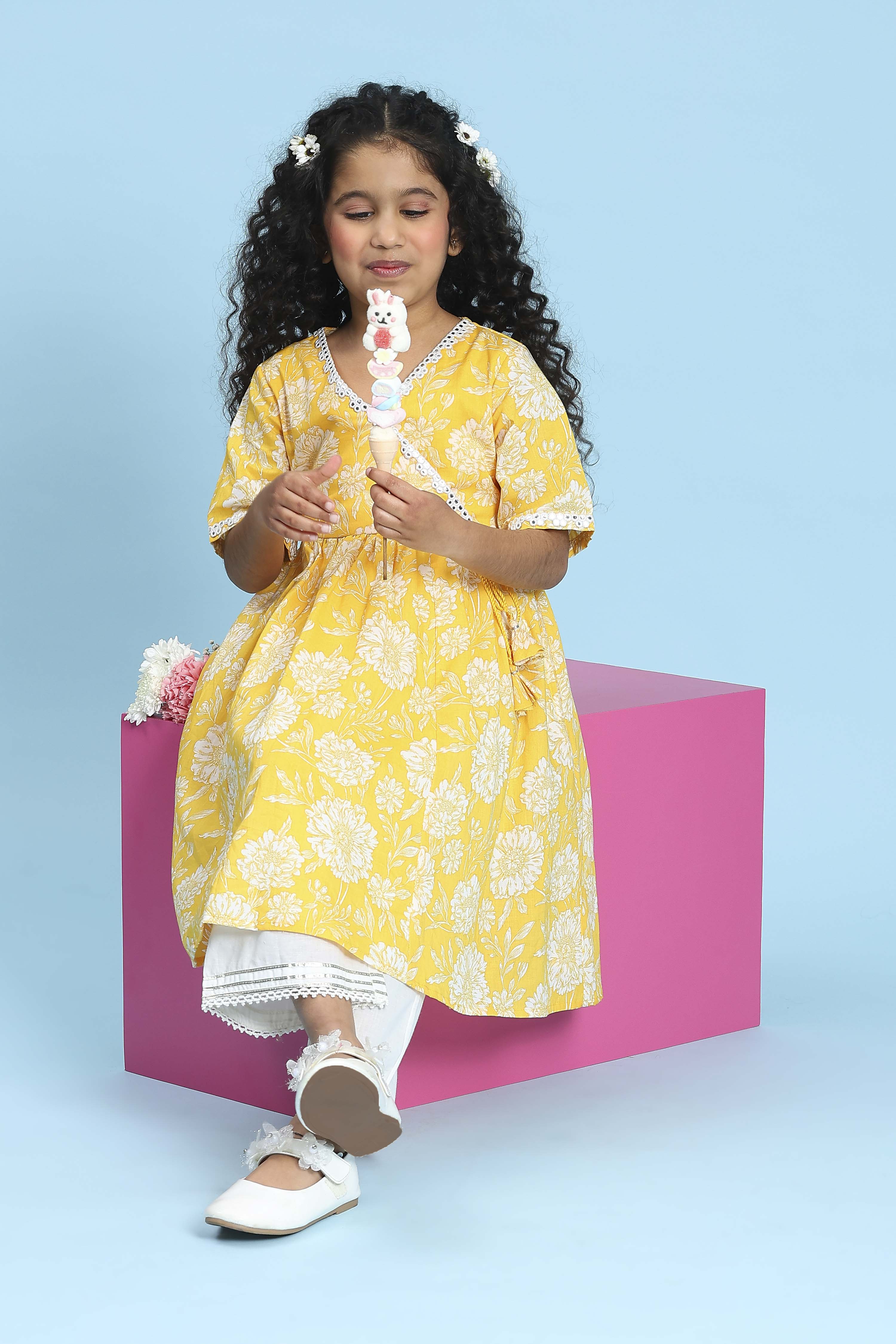 Yellow Cotton Printed Anarkali Kurta Set image number 0
