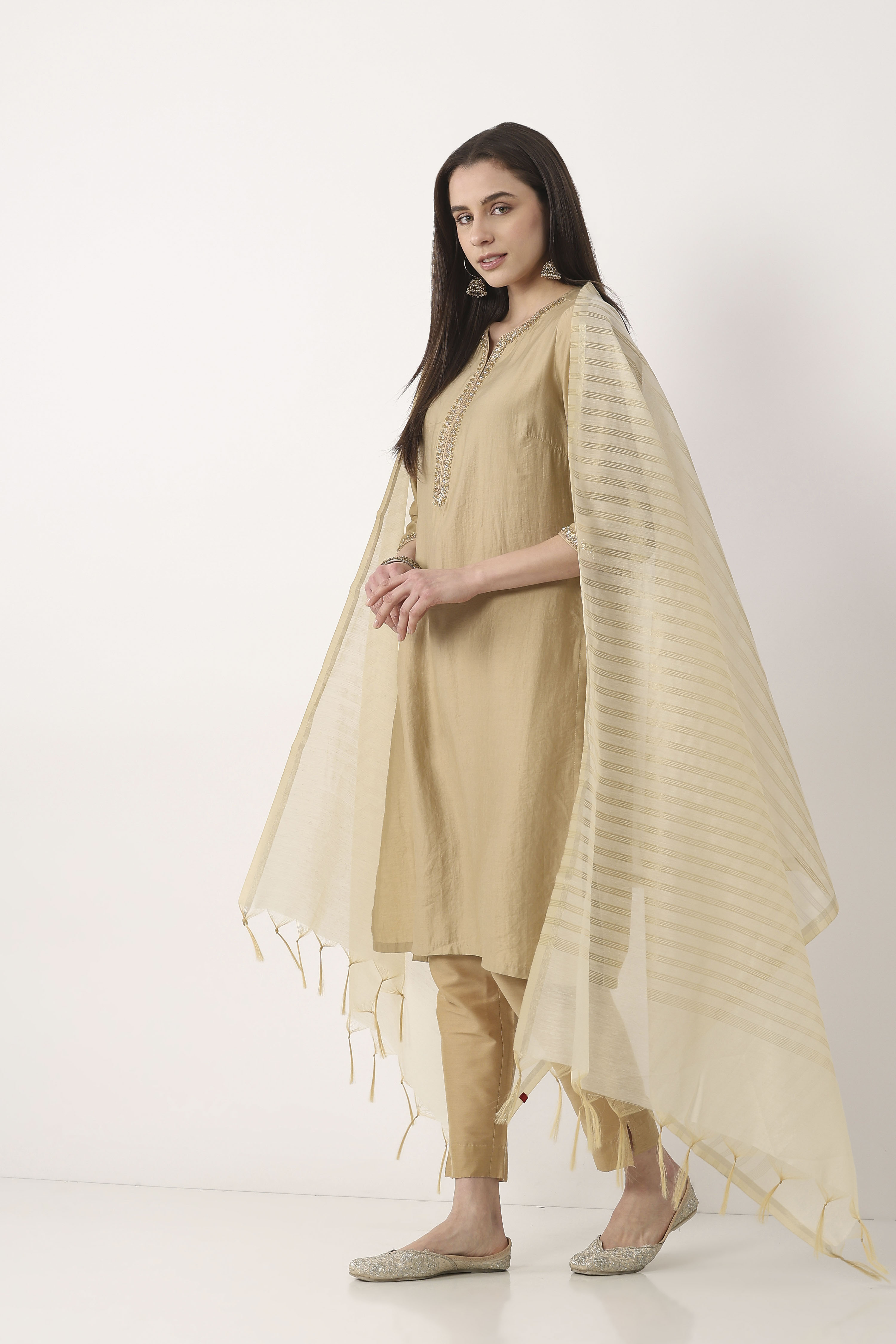 Beige Art Silk Semi Sheer Striped Dupatta image number 0
