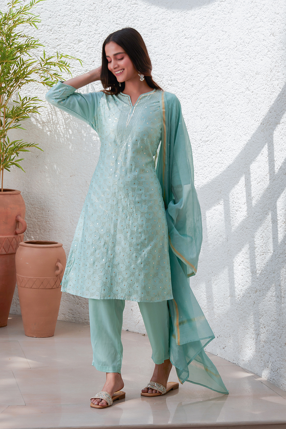 Pink Yard-Dyed Chanderi Kurta & Pants Suit Set image number 6