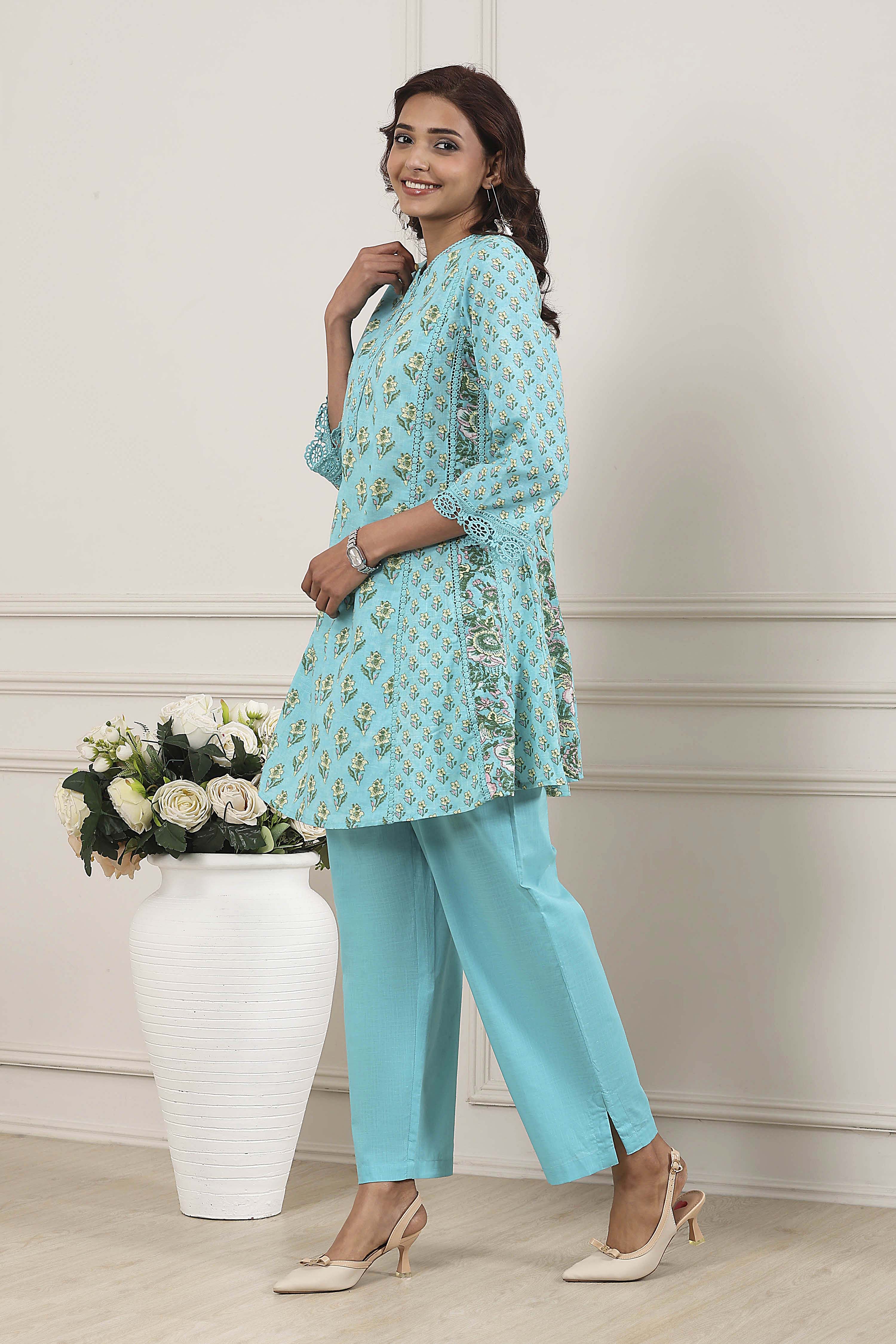 Turquoise Cotton Printed Kalidar Kurta Set image number 3