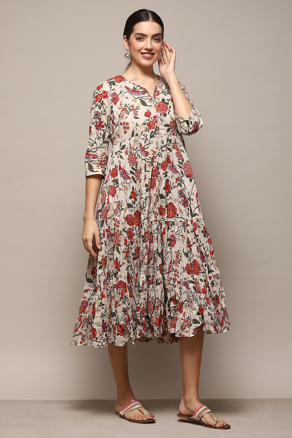 Green & Maroon Cotton Flared Printed Dress image number 5