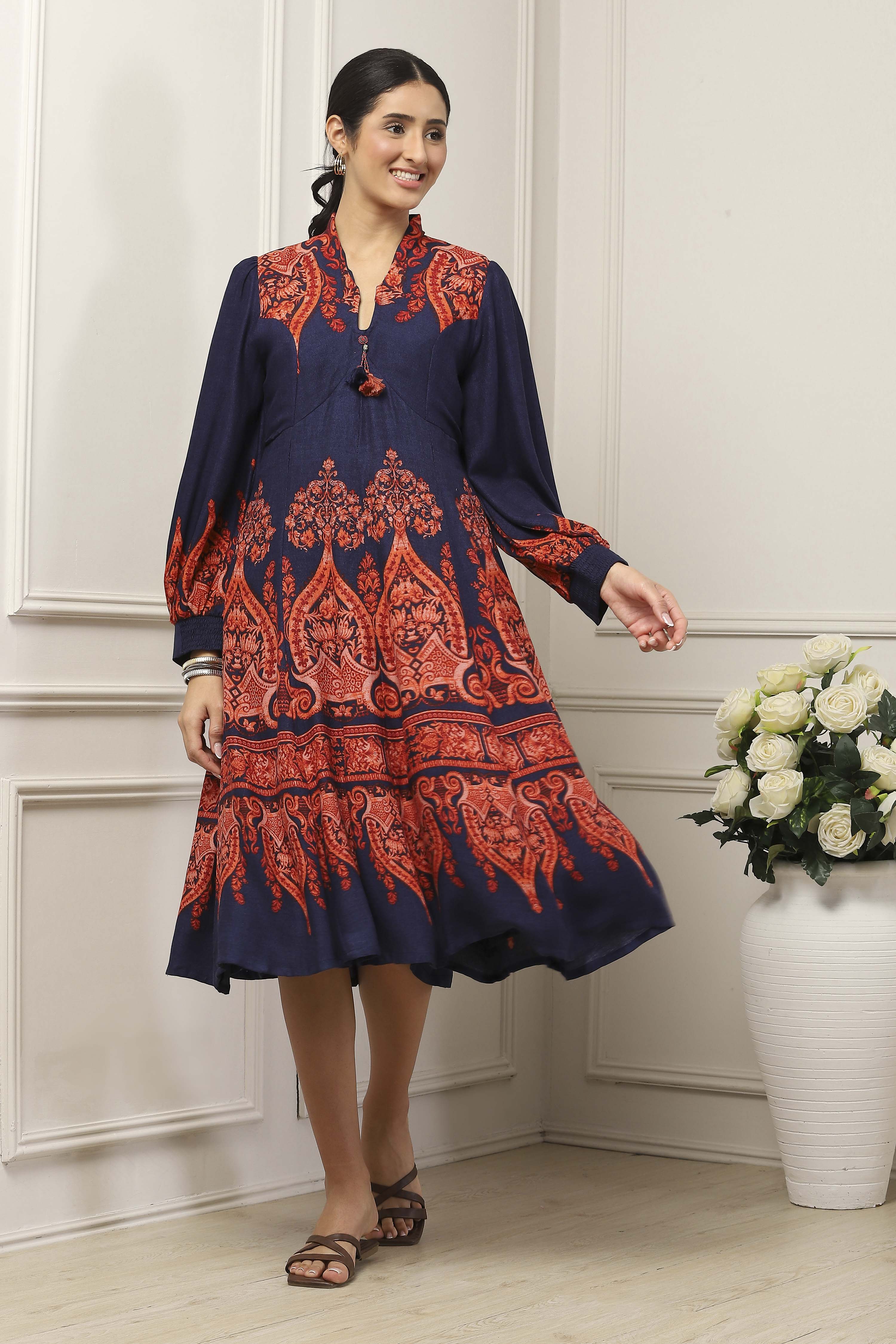 Navy Blue Viscose Rayon Ethnic Motif Printed Flared Dress image number 0