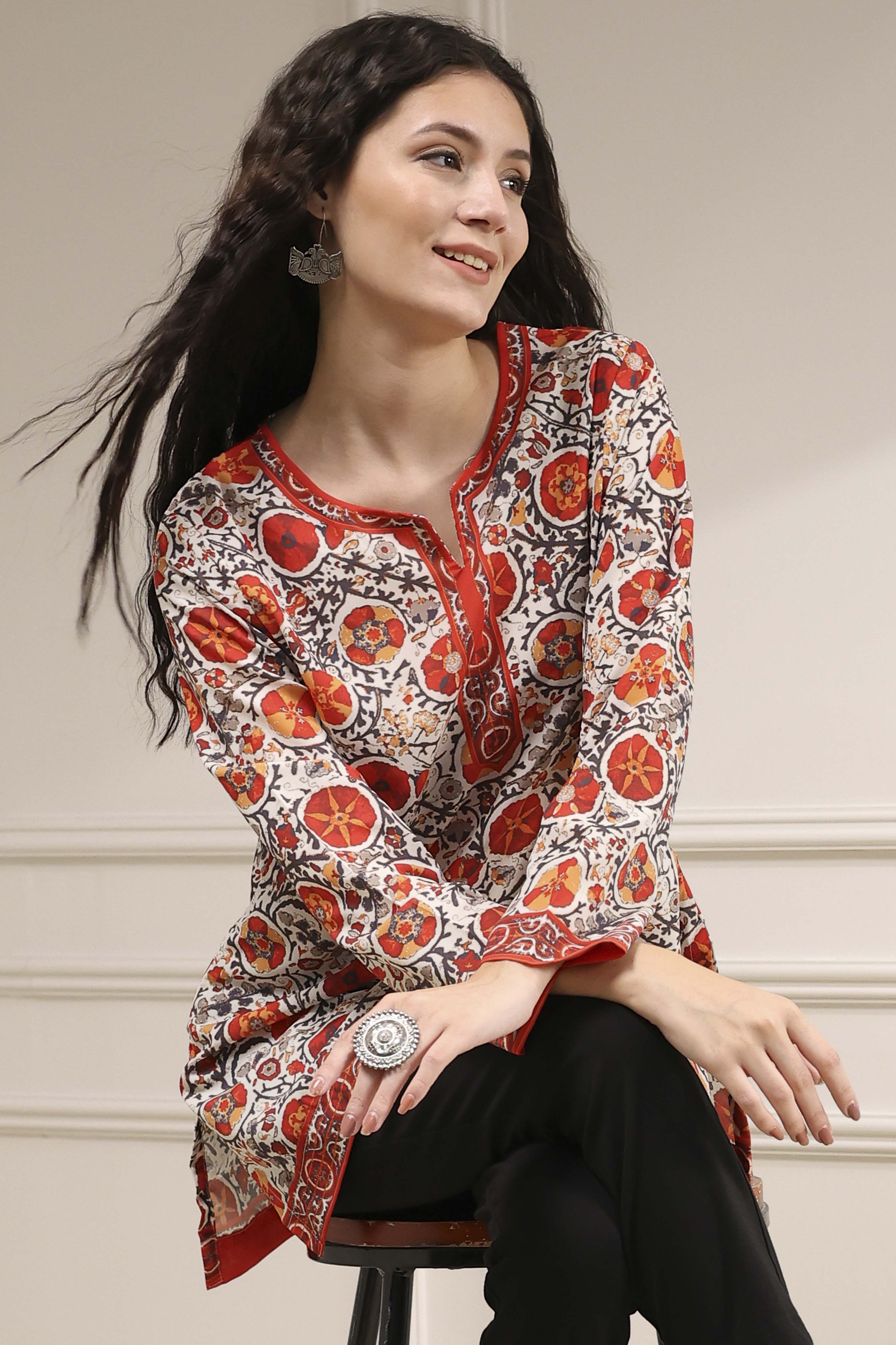 Mustard Red Polyester Straight Printed Short Kurta image number 0