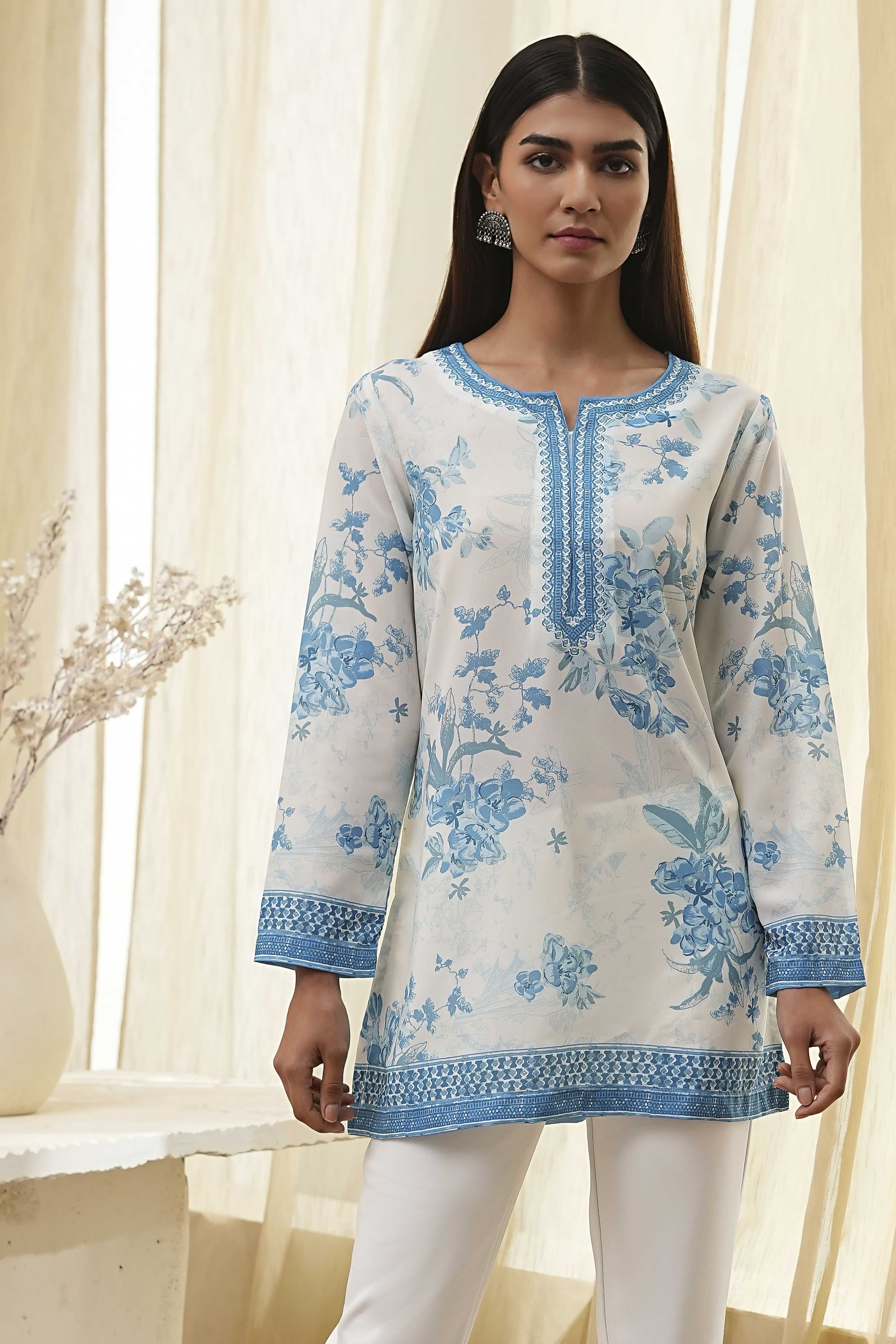 Off-White Printed Straight Short Kurta image number 0