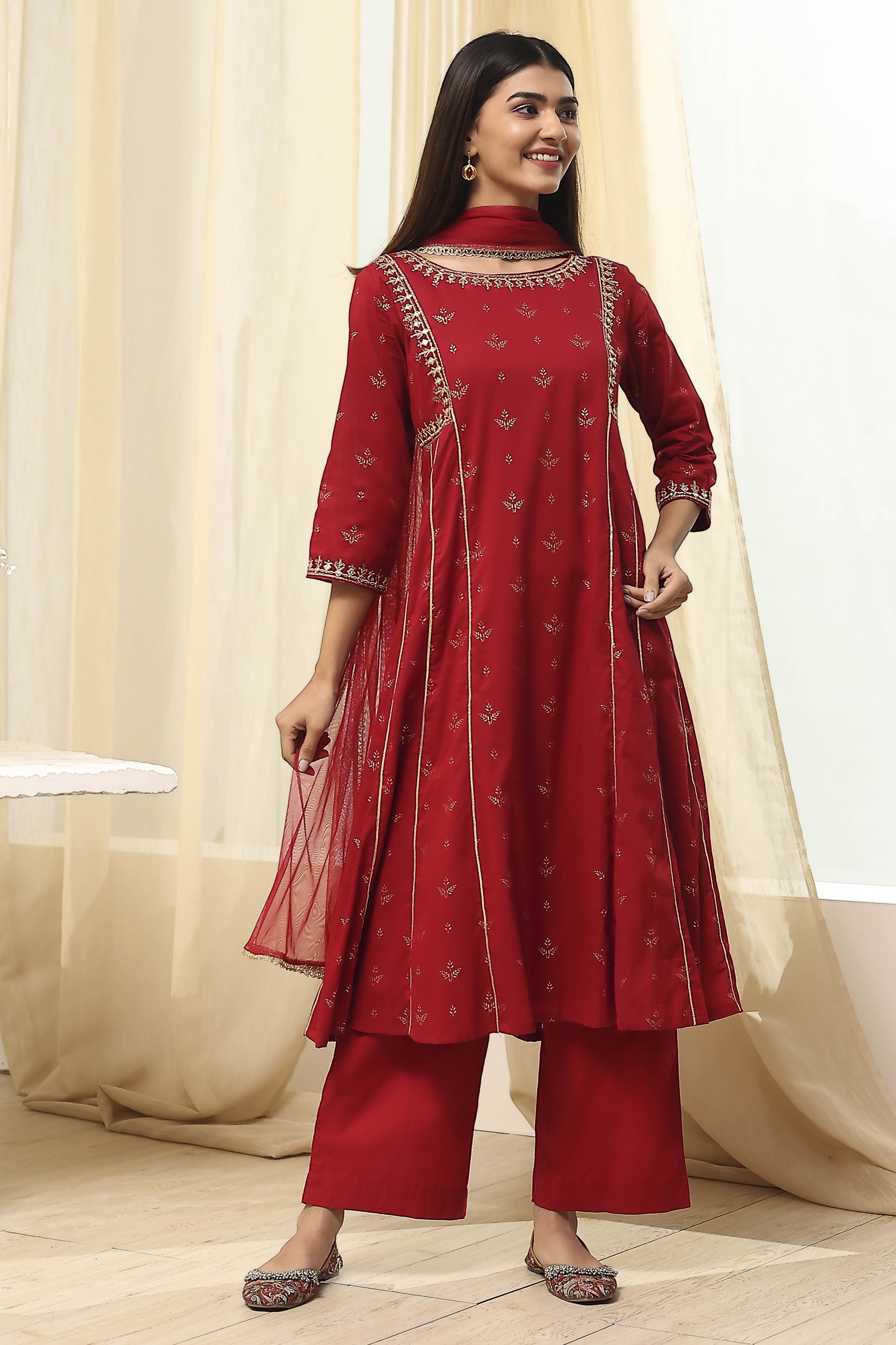 Red Cotton Foil Printed Kalidar Suit Set image number 6