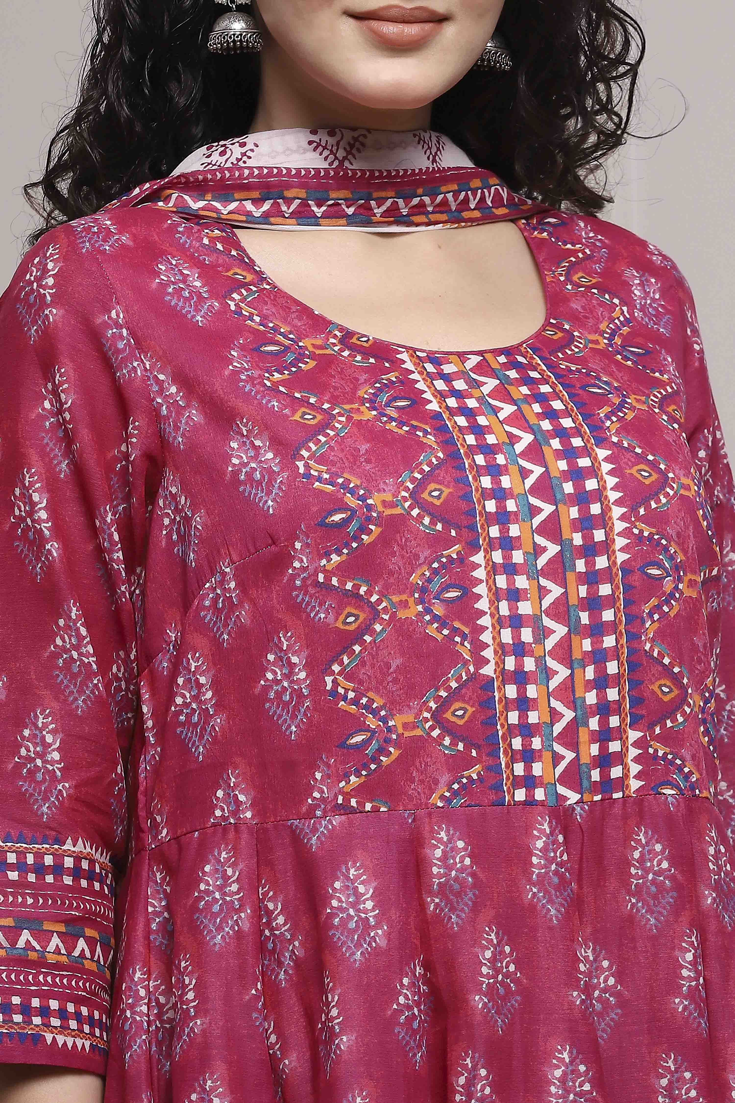 Magenta Cotton Printed Anarkali Suit Set image number 1