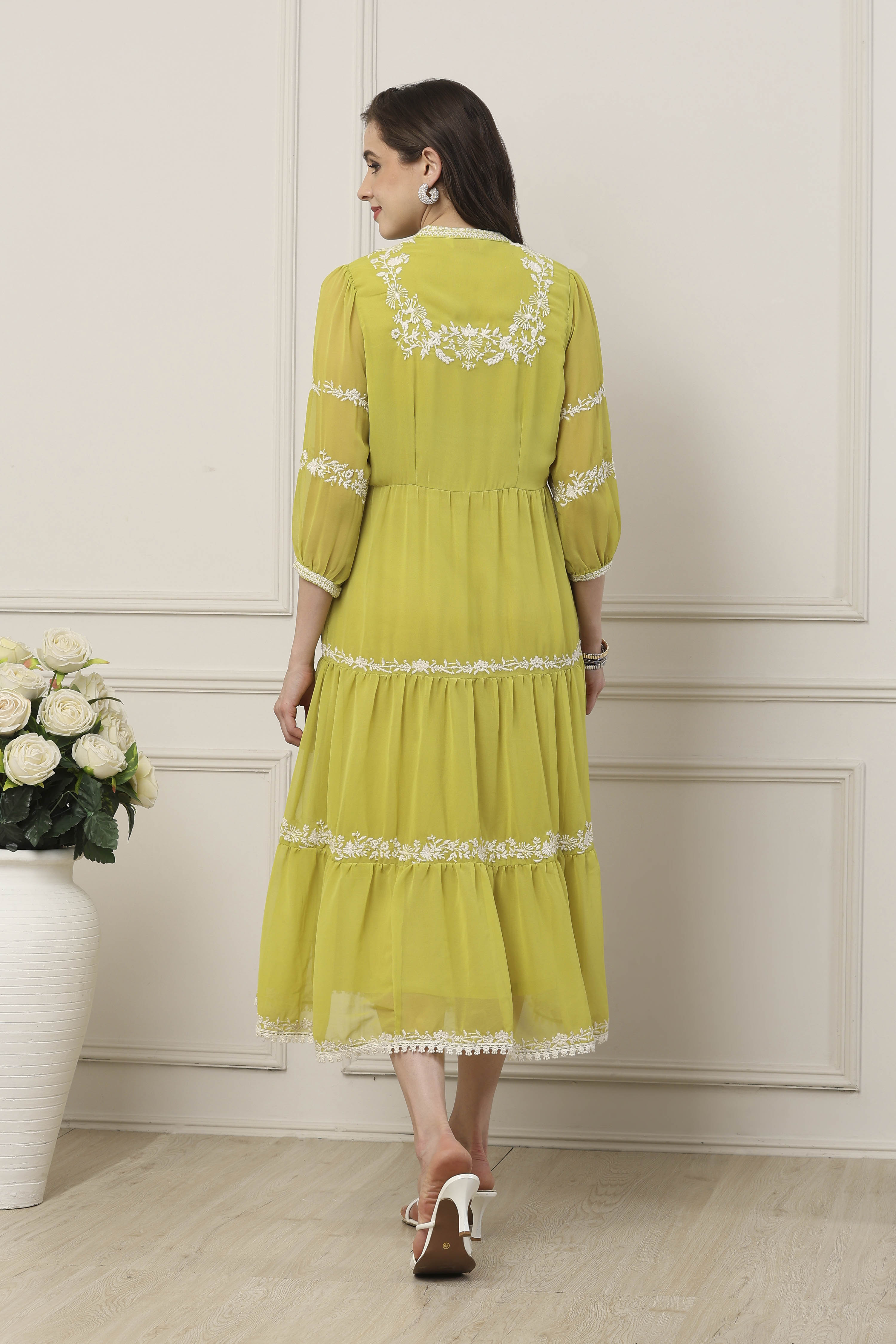 Green Floral Yoke Embroidered Tiered Dress image number 3