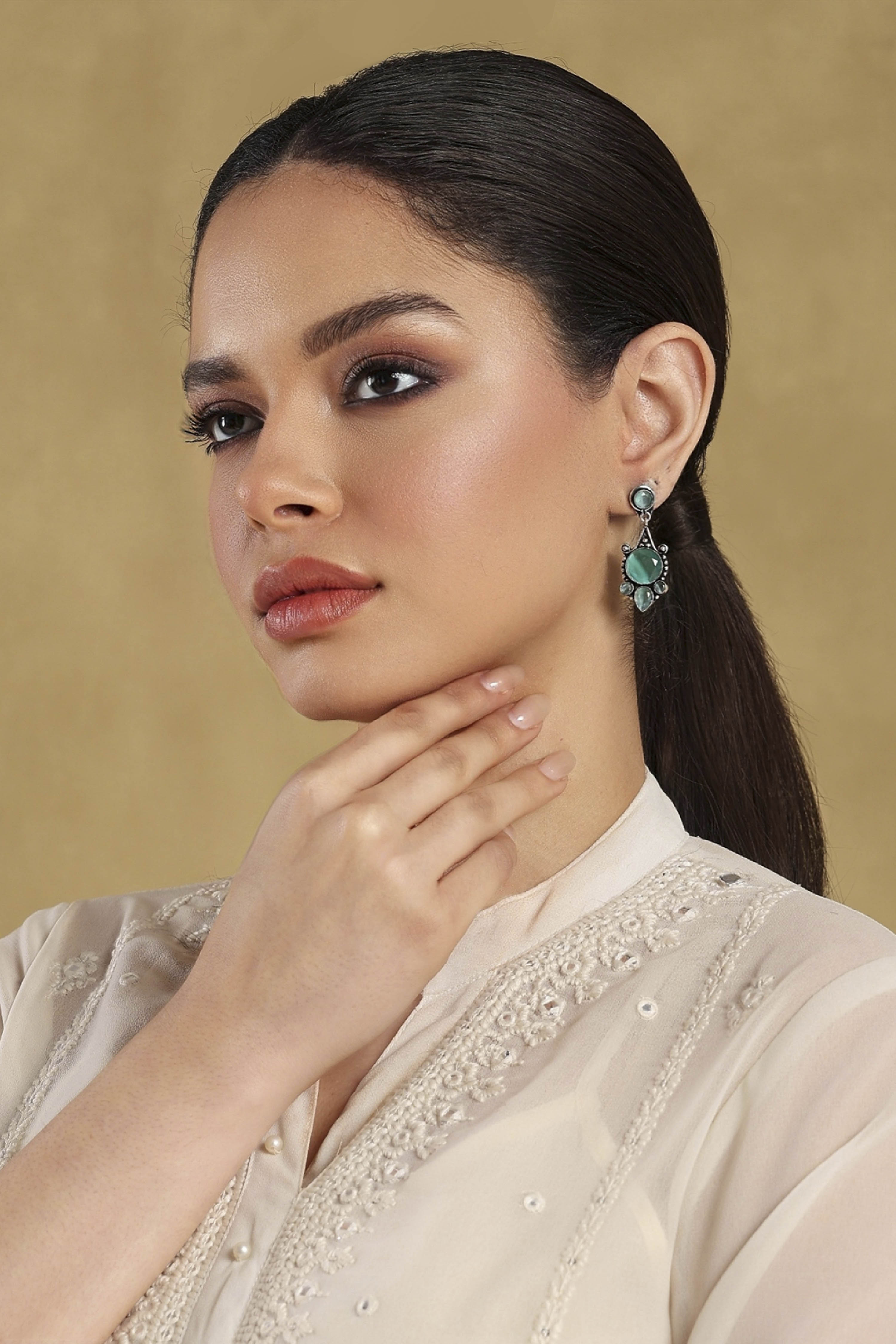 Silver Toned & Green Brass Studded Drop Earrings image number 3