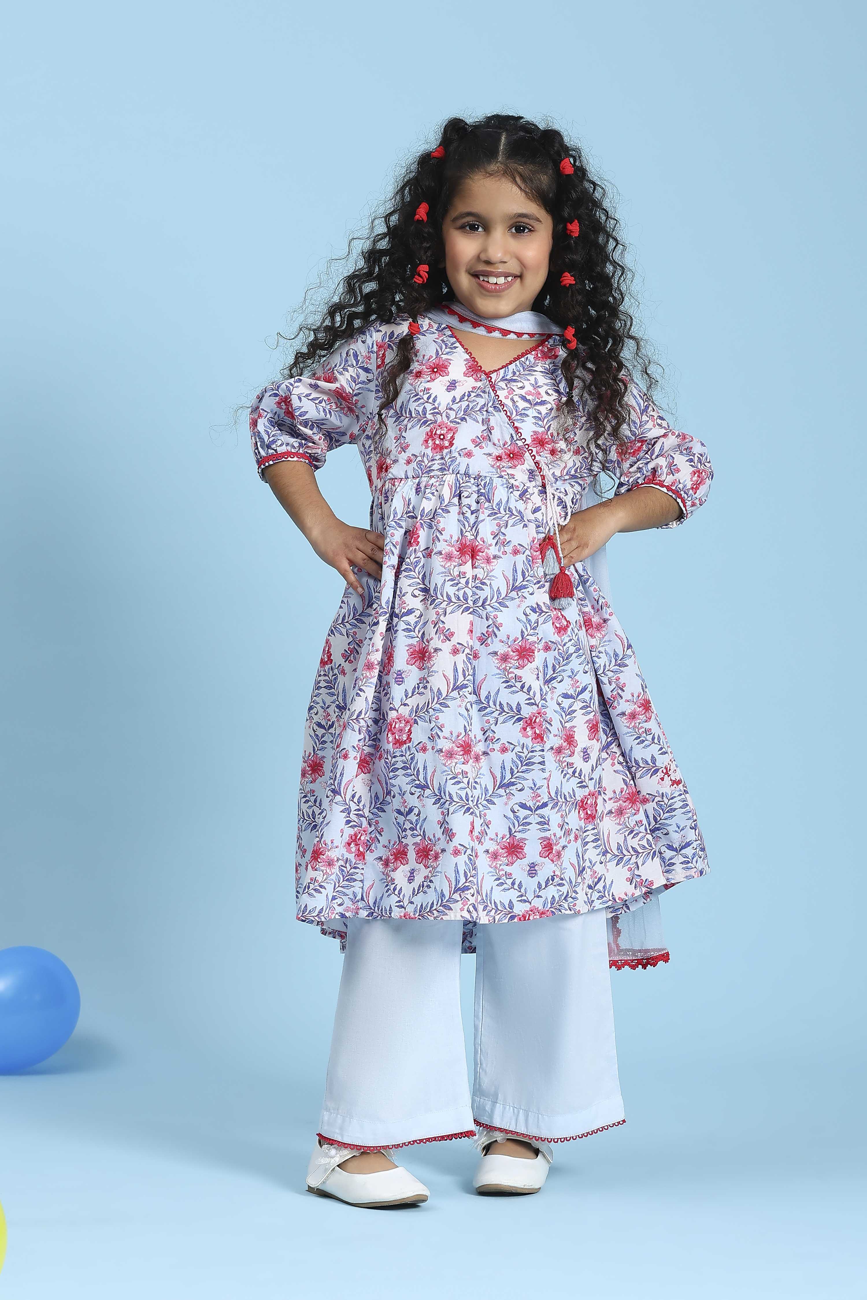 Blue Cotton Printed Angrakha Anarkali Suit Set image number 6