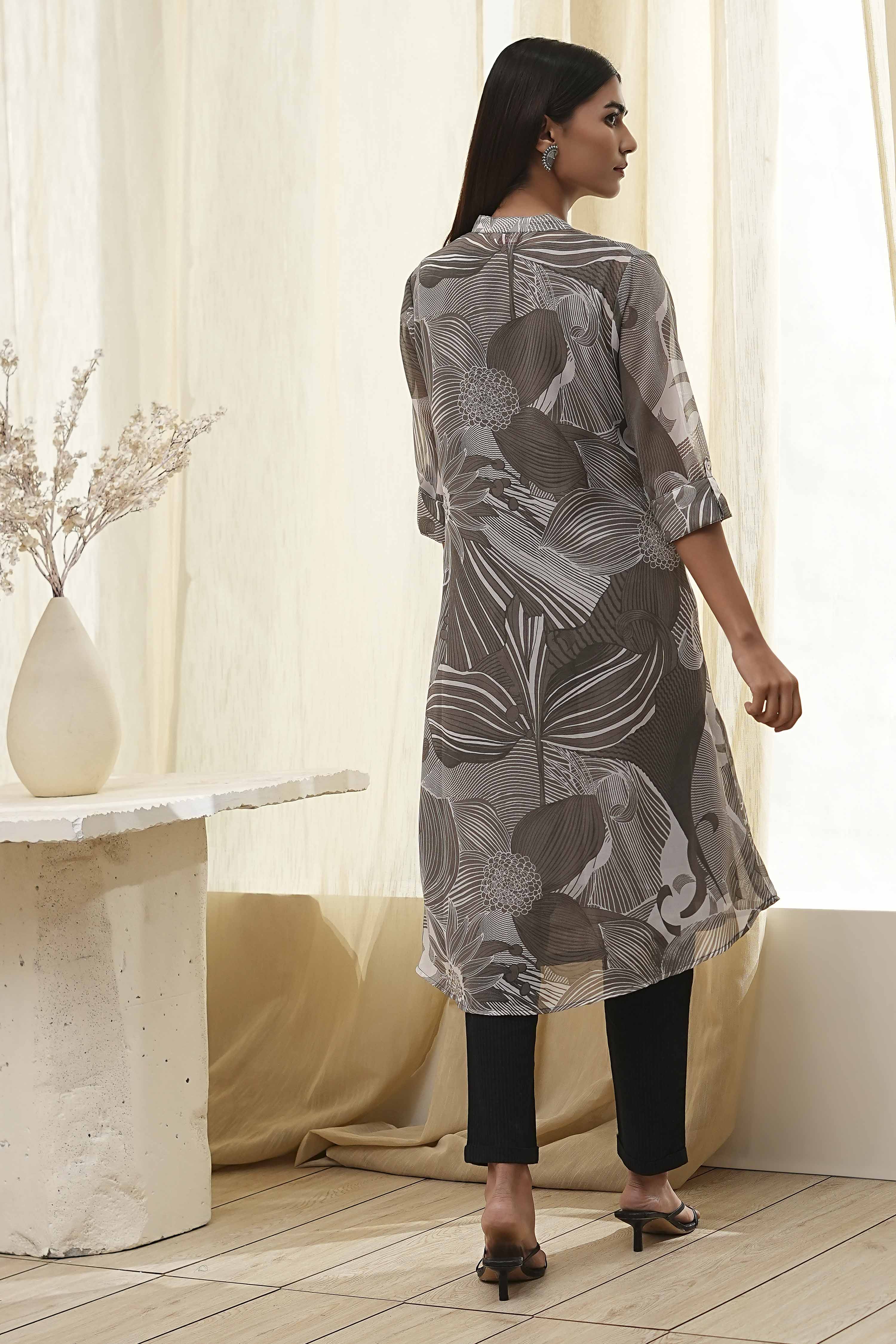 Blue Printed Pleated A-Line Kurta image number 3