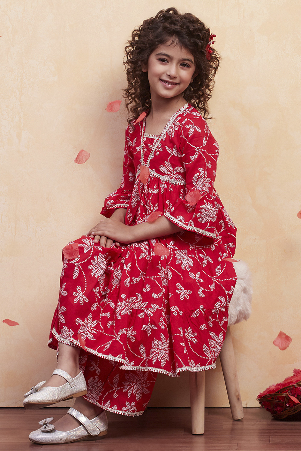 Orange Cotton Printed Tiered Kurta Set image number 0
