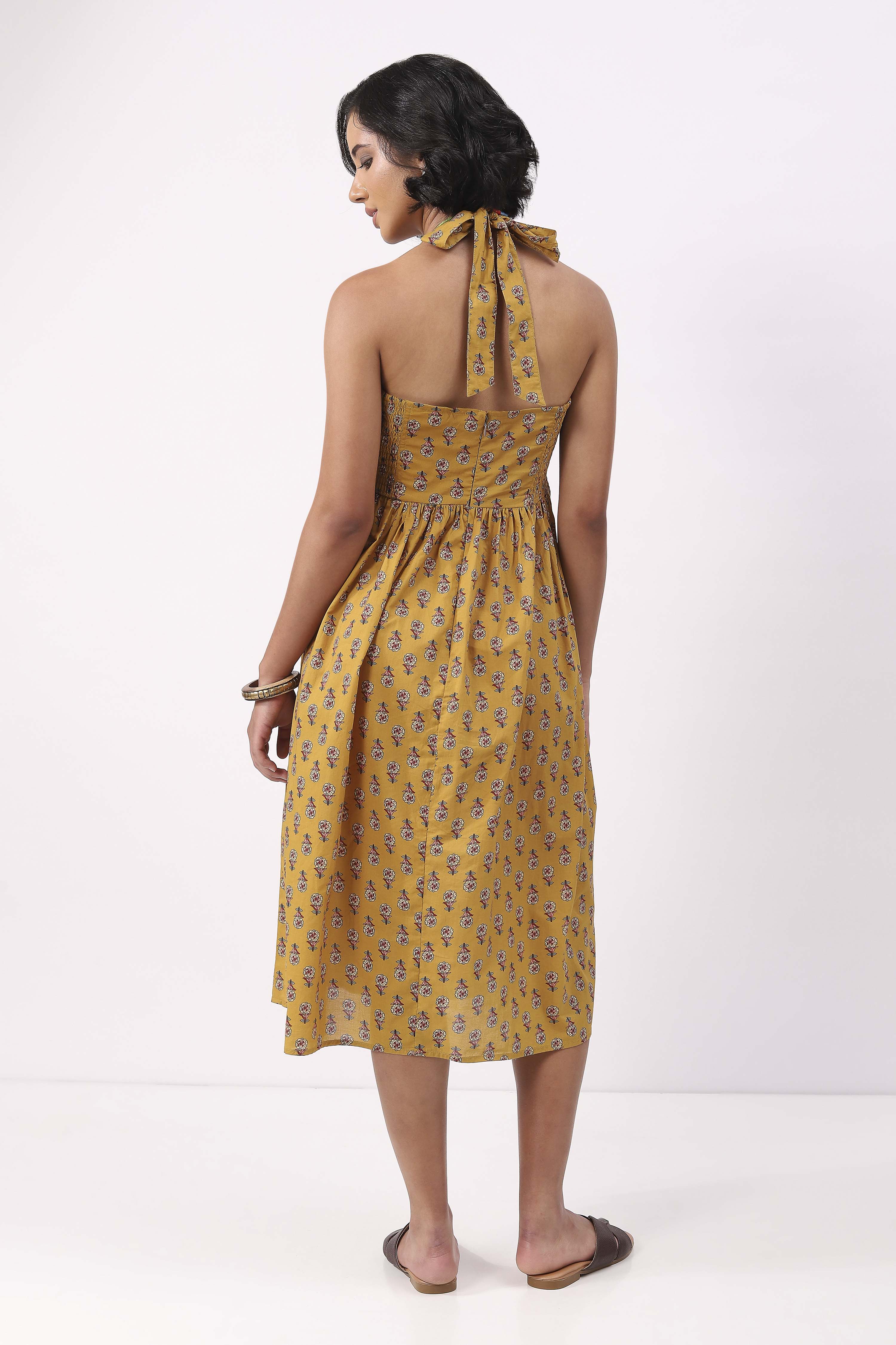 Yellow Cotton Floral Lace-Up Midi Dress image number 2