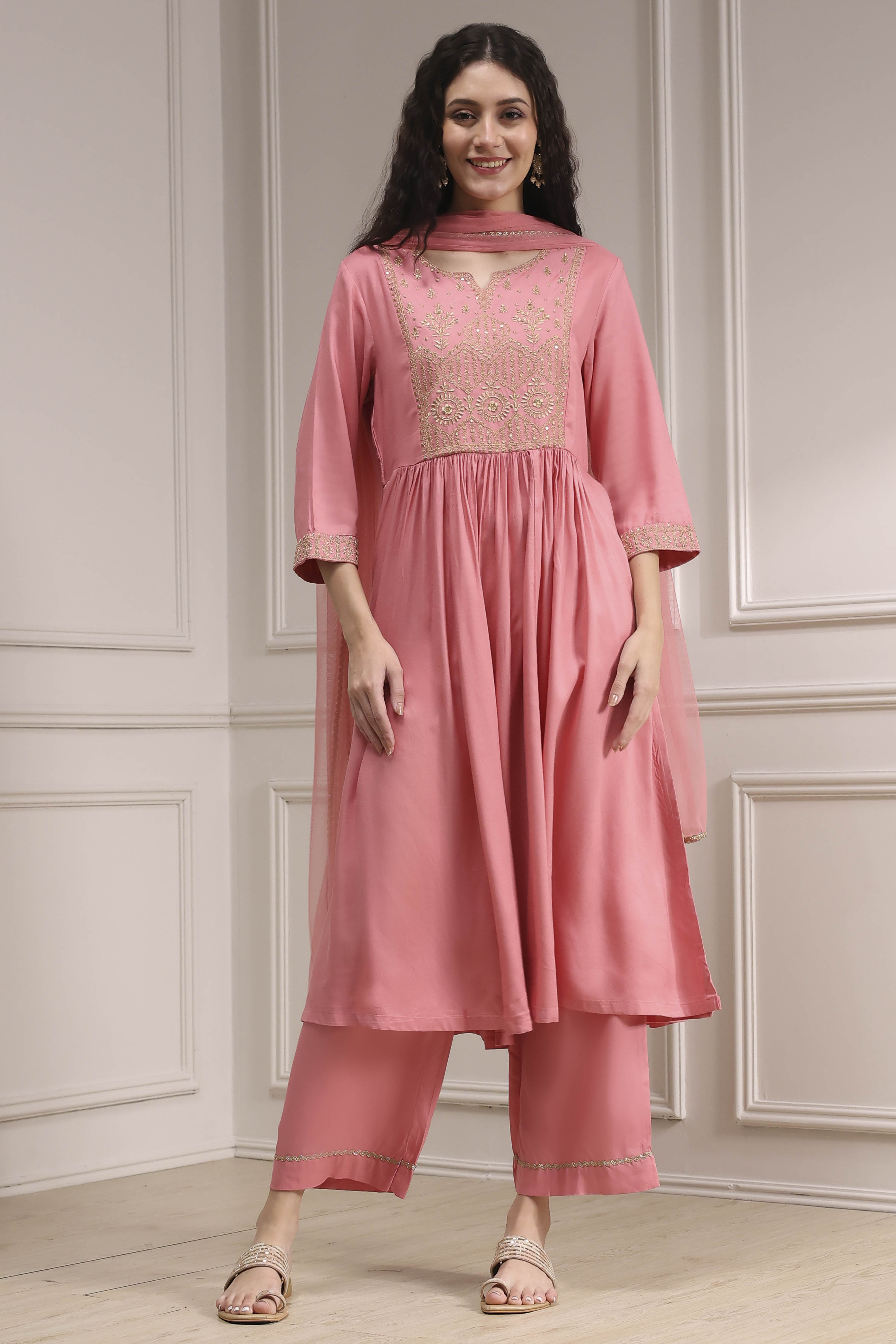 Black Embroidered Gathered Suit Set image number 6