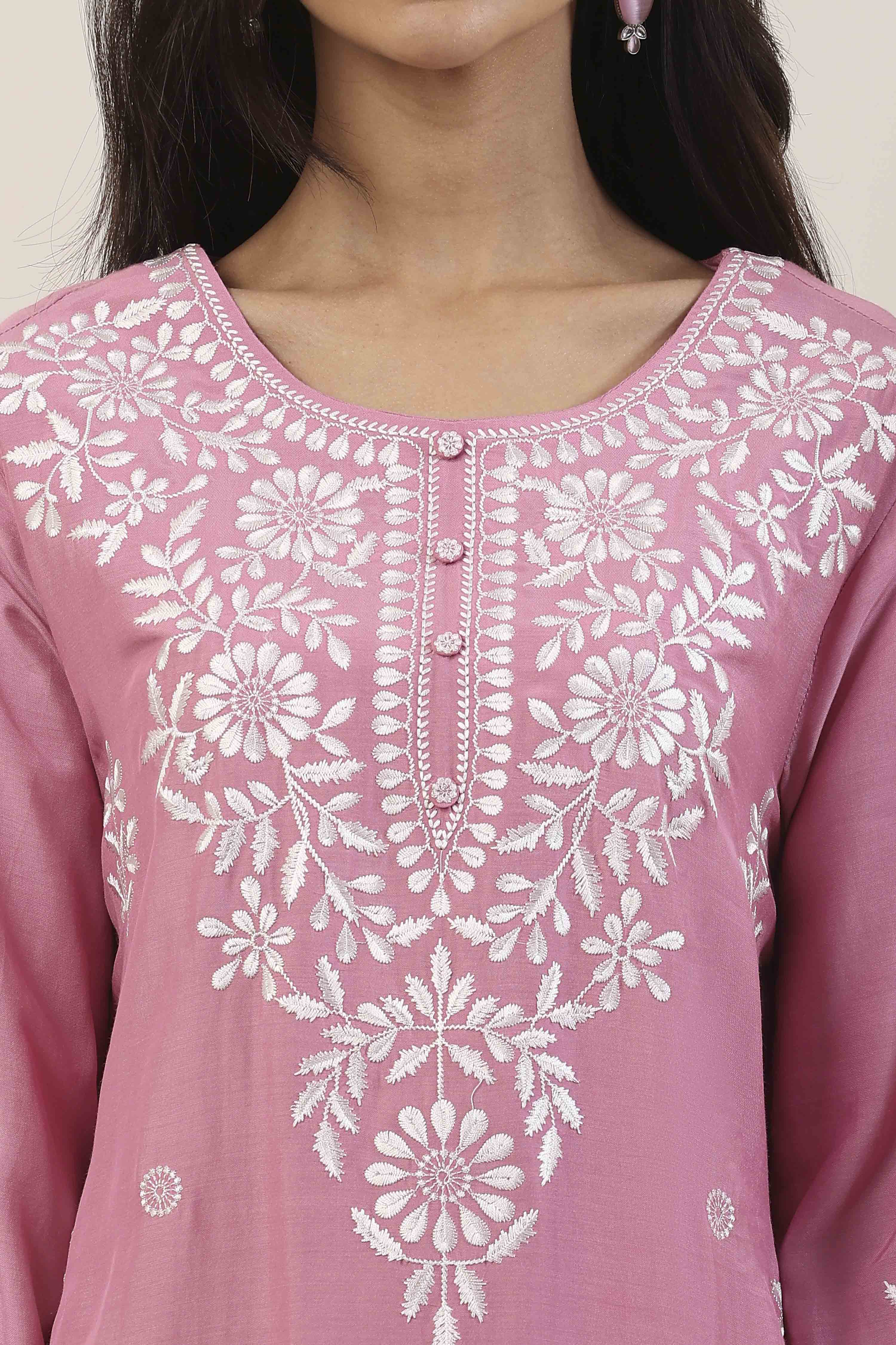 Pink Poly Viscose Floral Embroidered Straight Suit Set image number 1
