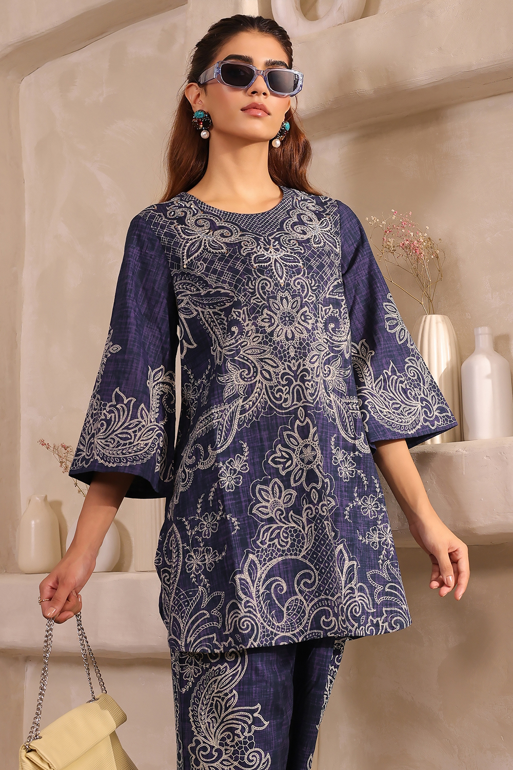 Blue Cotton Straight Printed Kurta Pants Set image number 1