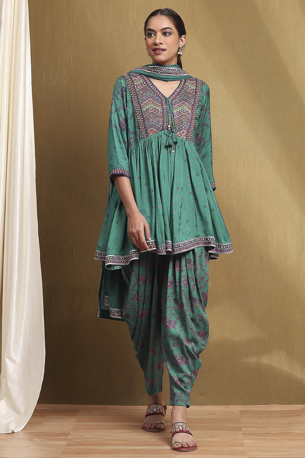 Fuchsia Viscose Floral Printed Peplum Suit Set image number 0