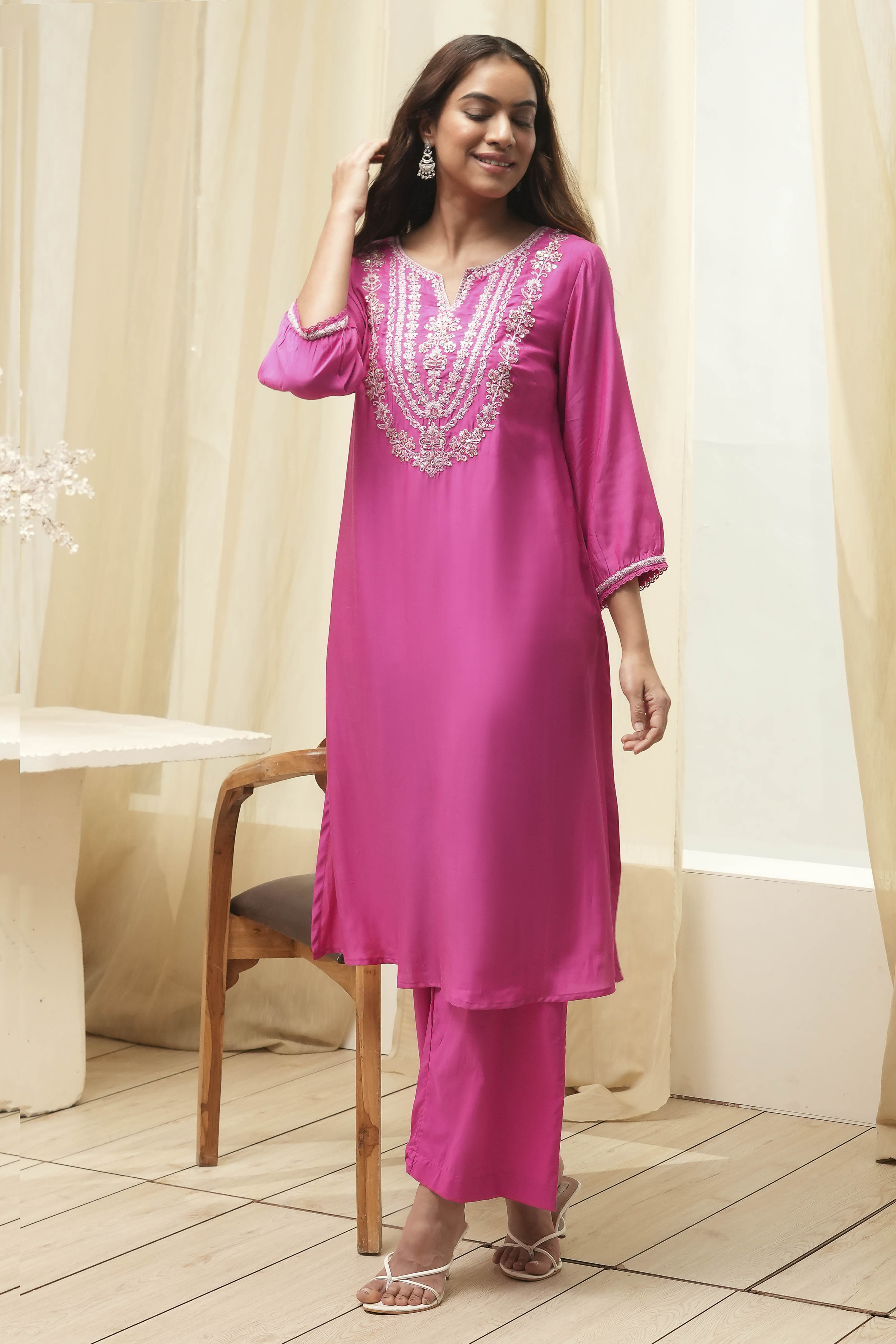 Pink Embroidered Straight Kurta Set image number 0