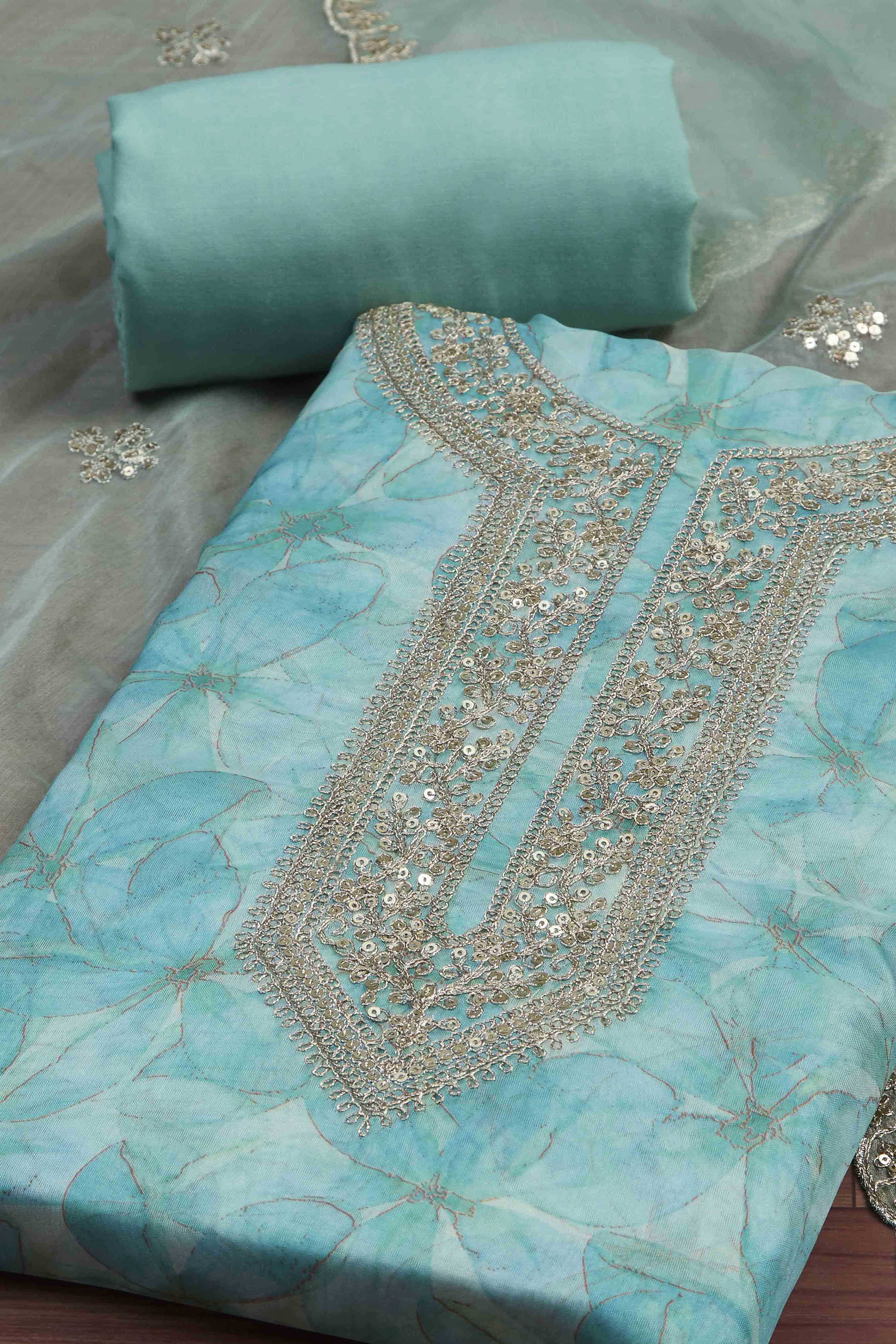 Old-Rose Organza Rajasthani Print Unstitched Suit Set image number 1