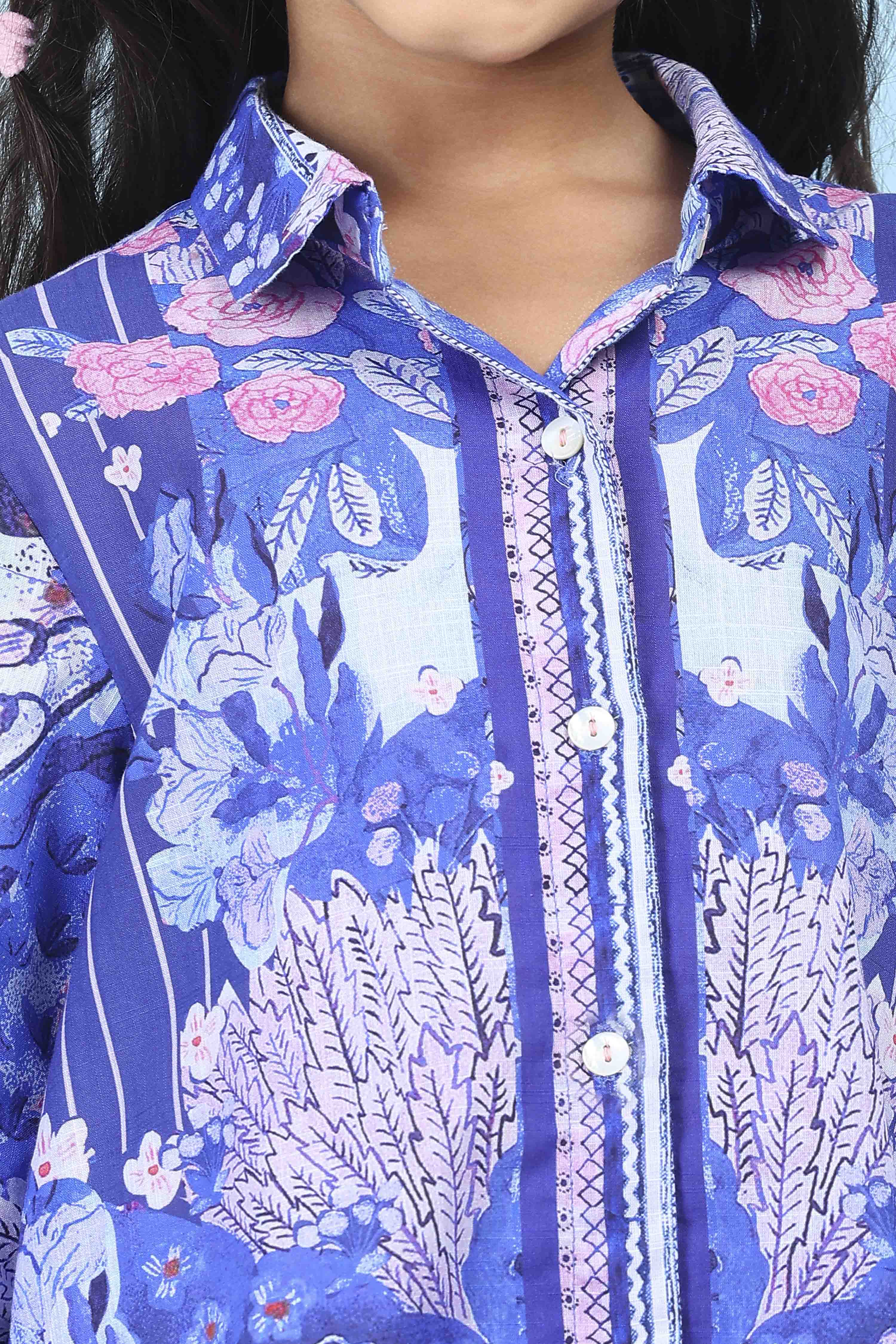 Blue Cotton Floral Printed Shirt image number 1