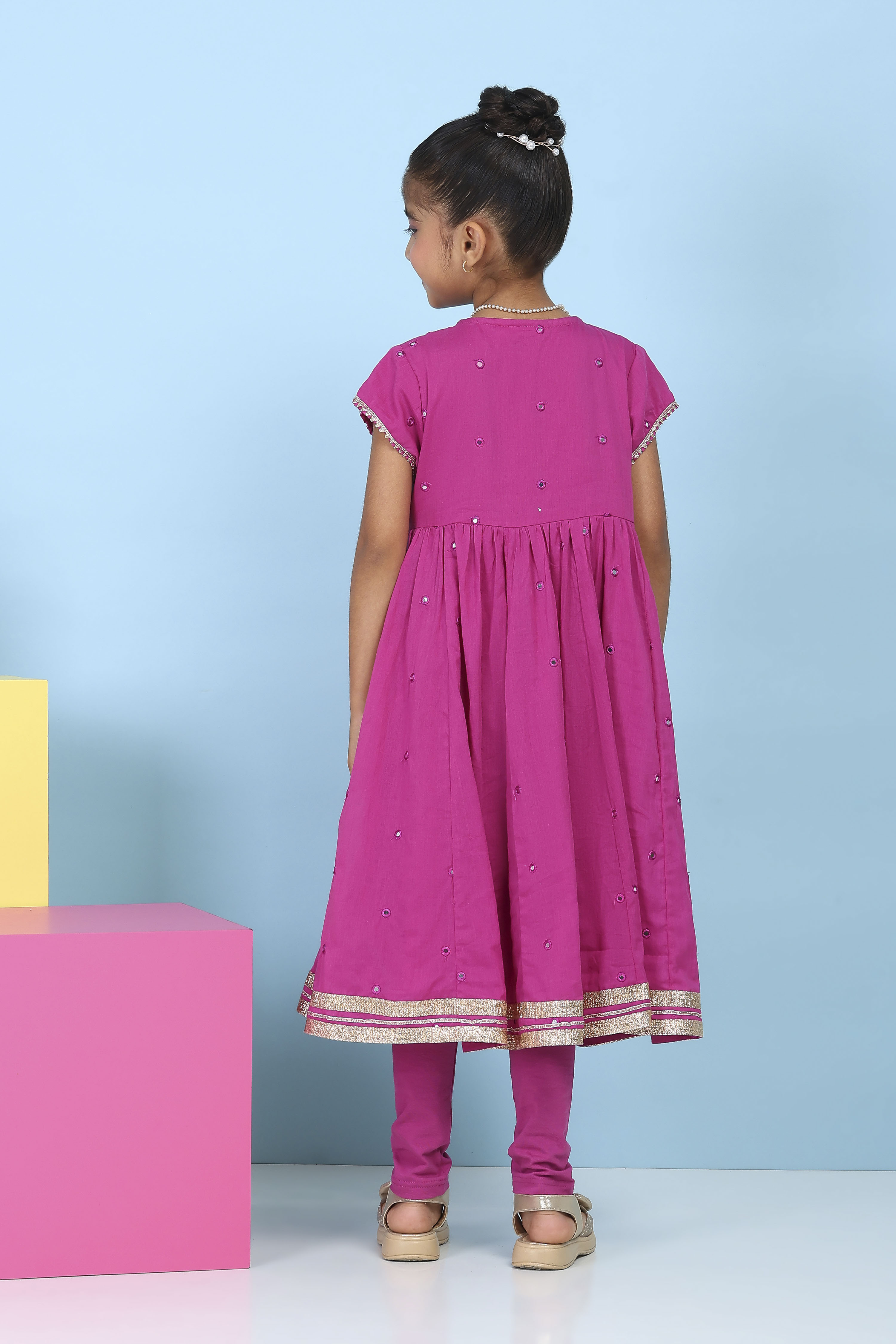Pink Cotton Mirror Work Anarkali Suit Set image number 4