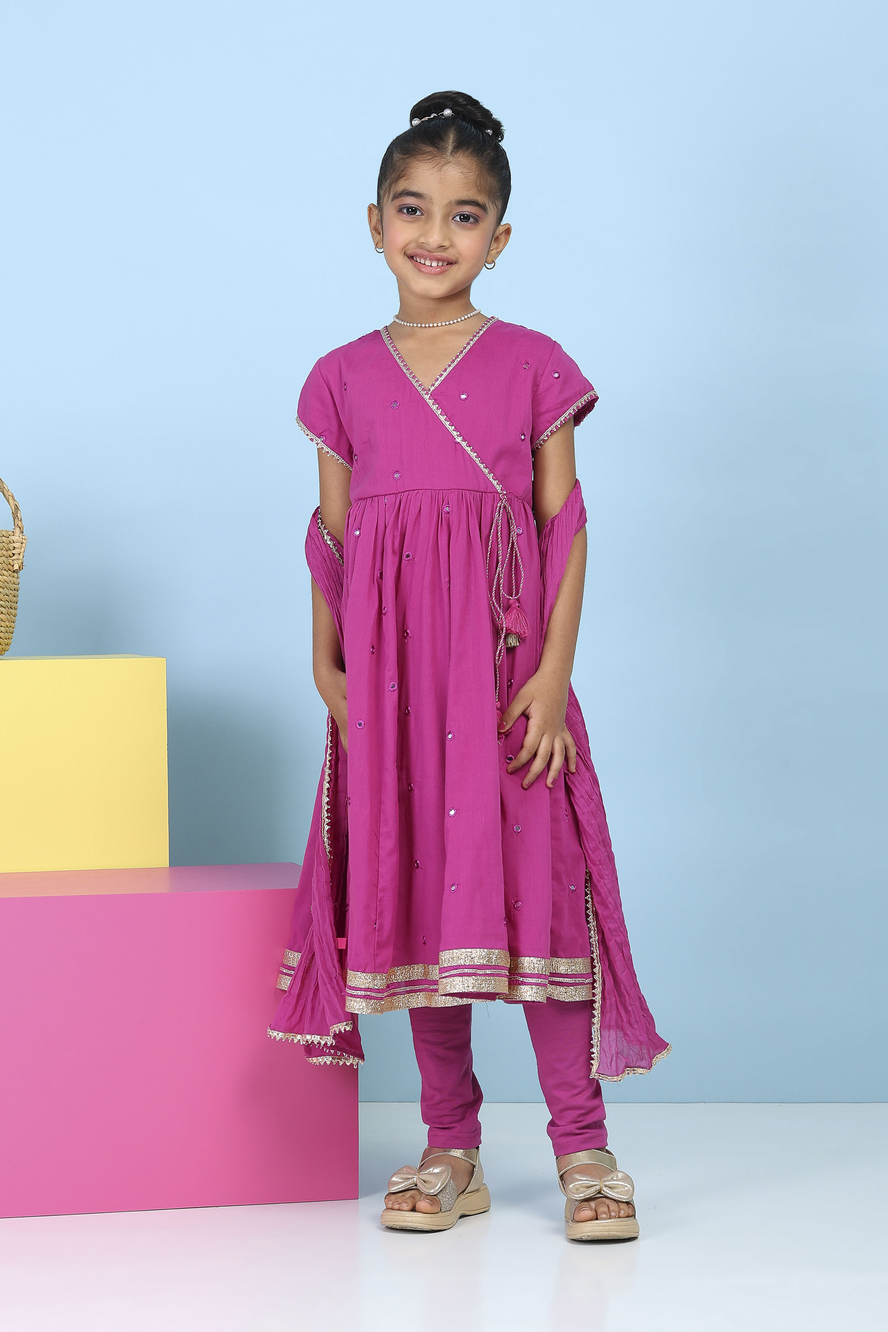 Pink Cotton Mirror Work Anarkali Suit Set image number 6