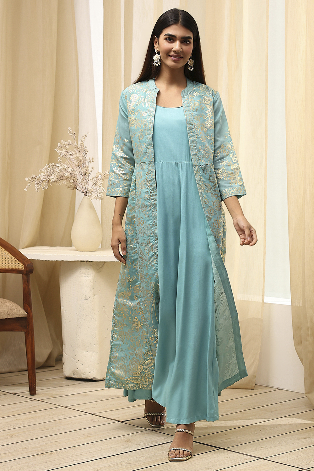 Earthy Brown Printed Layered Cape Dress image number 6