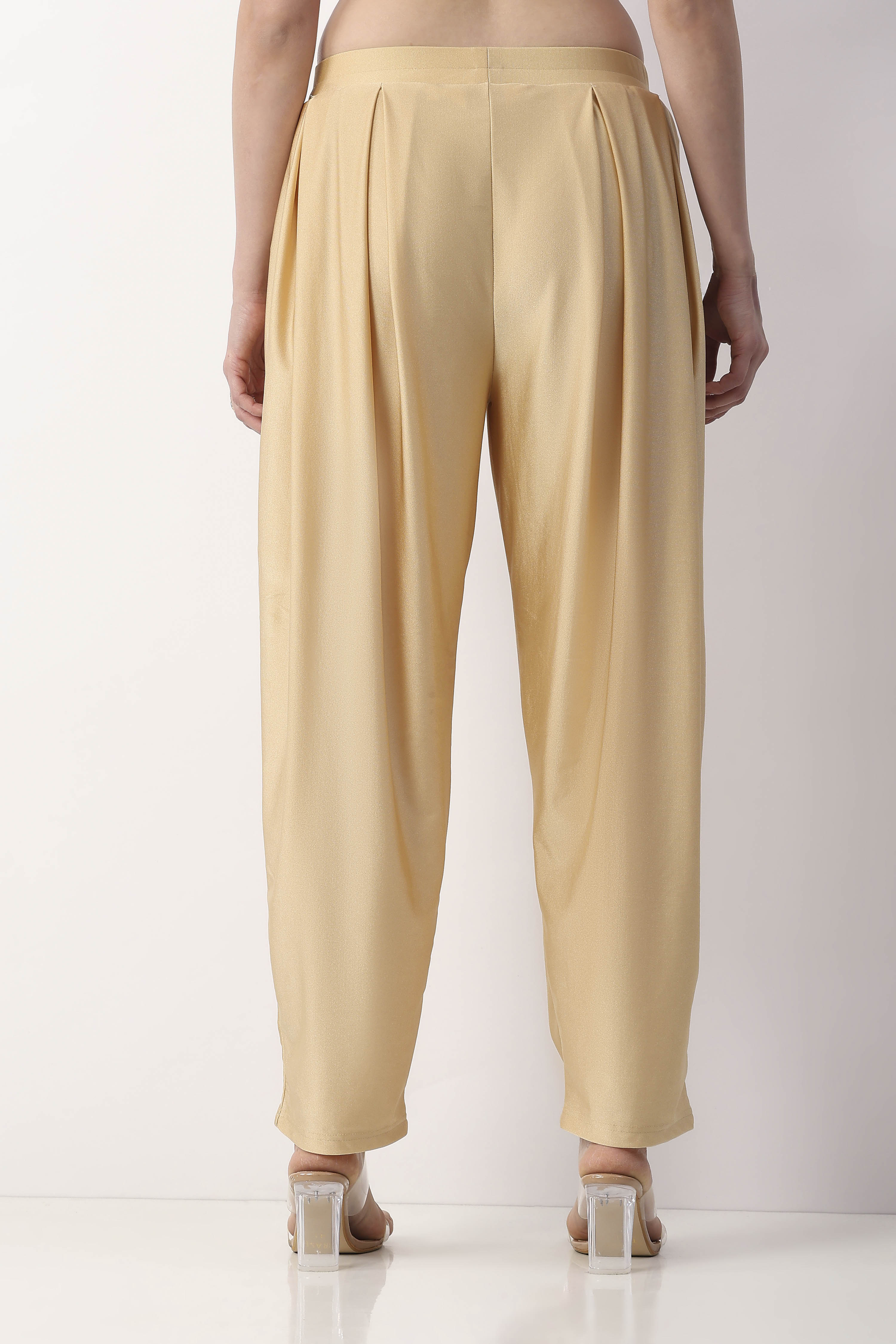Gold-Toned Viscose Lycra Pleated Straight Palazzo image number 4