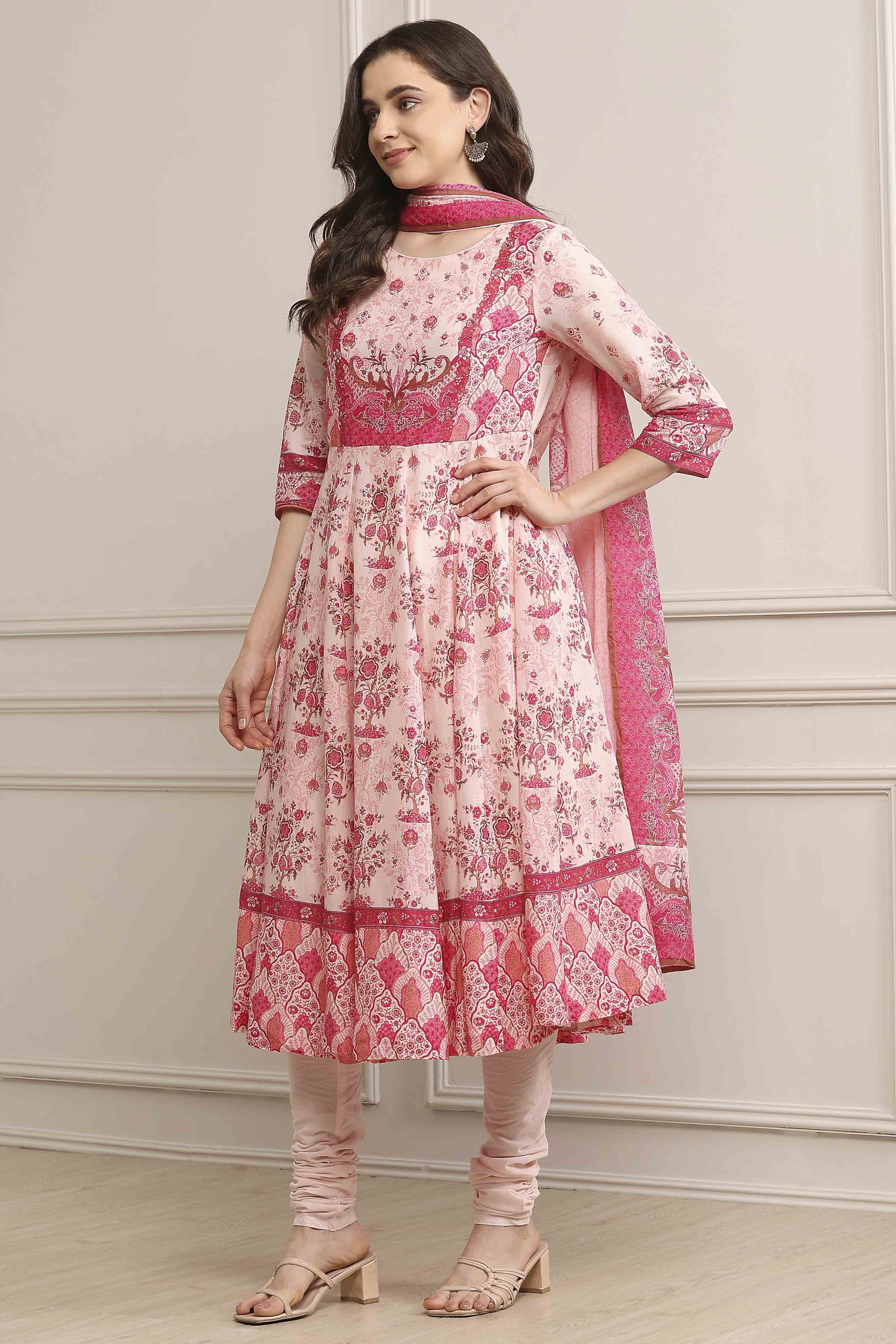 Blue Cotton Printed Anarkali Suit Set image number 3