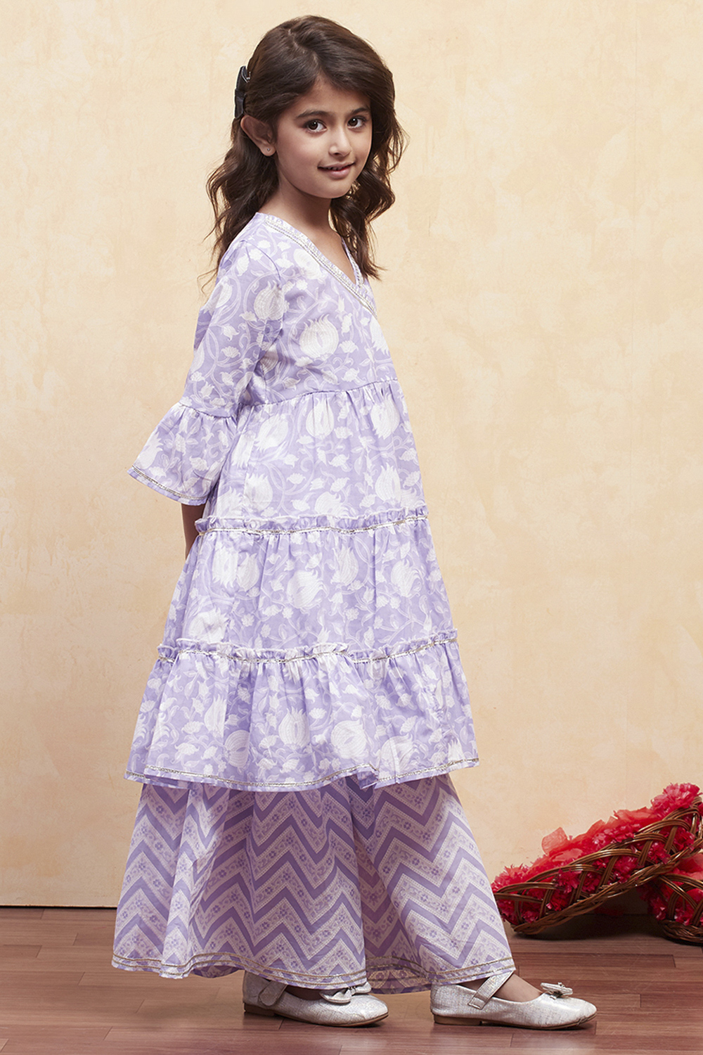 Pink Cotton Angrakha Tiered Kurta Set image number 5