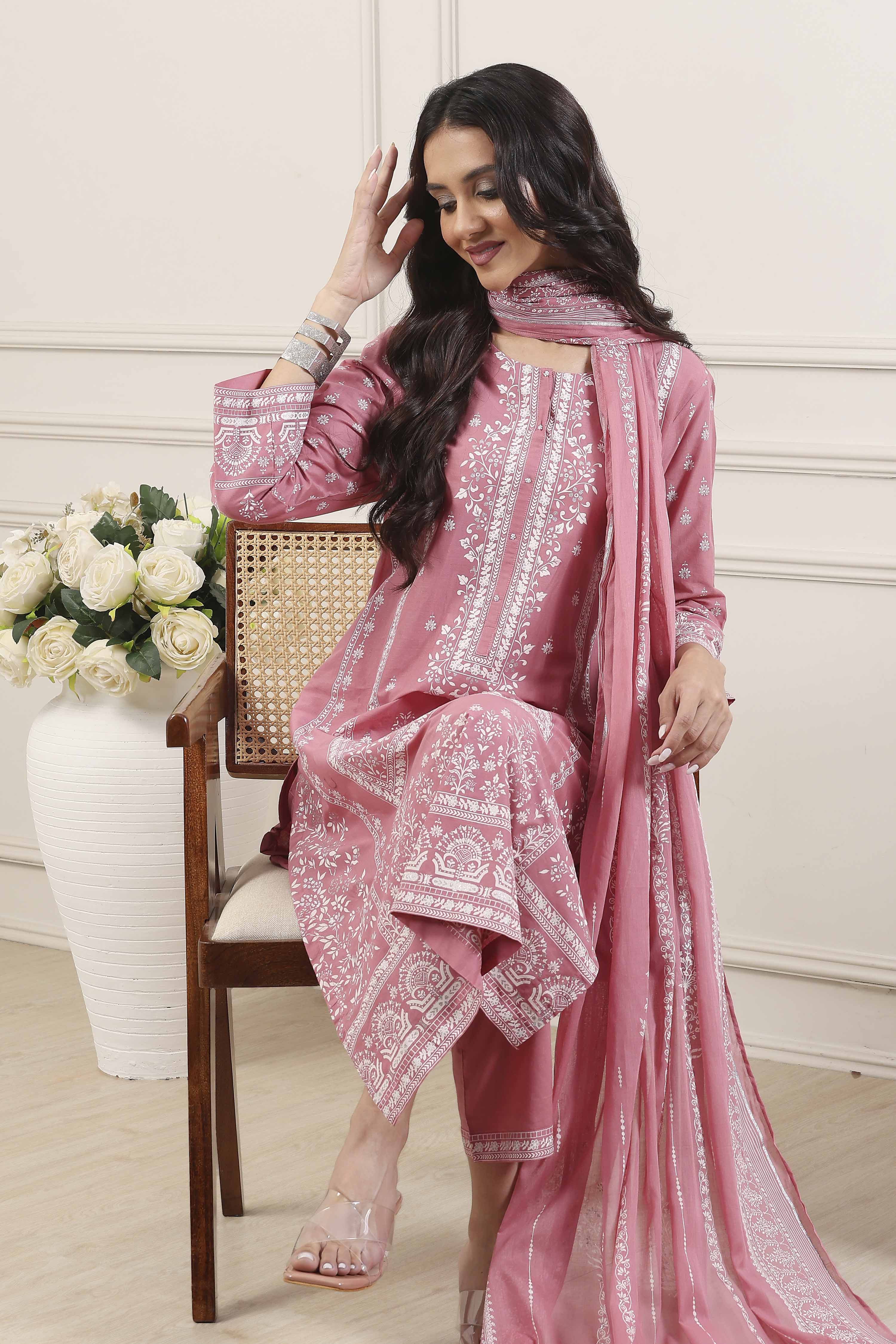 Turquoise Blue Cotton Floral Printed Straight Suit Set image number 0