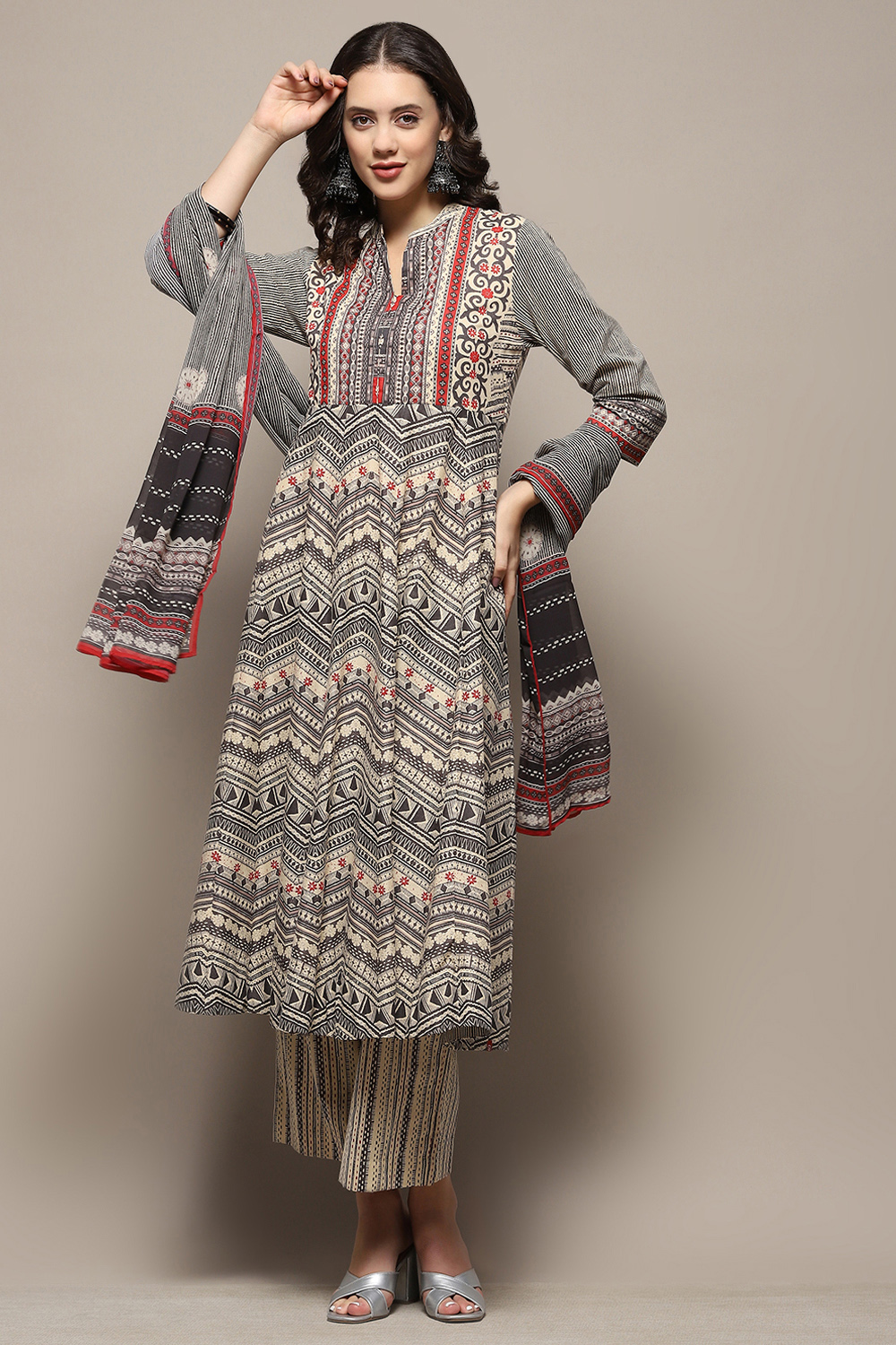 Beige and Black Pure Cotton Anarkali Suit Set image number 0