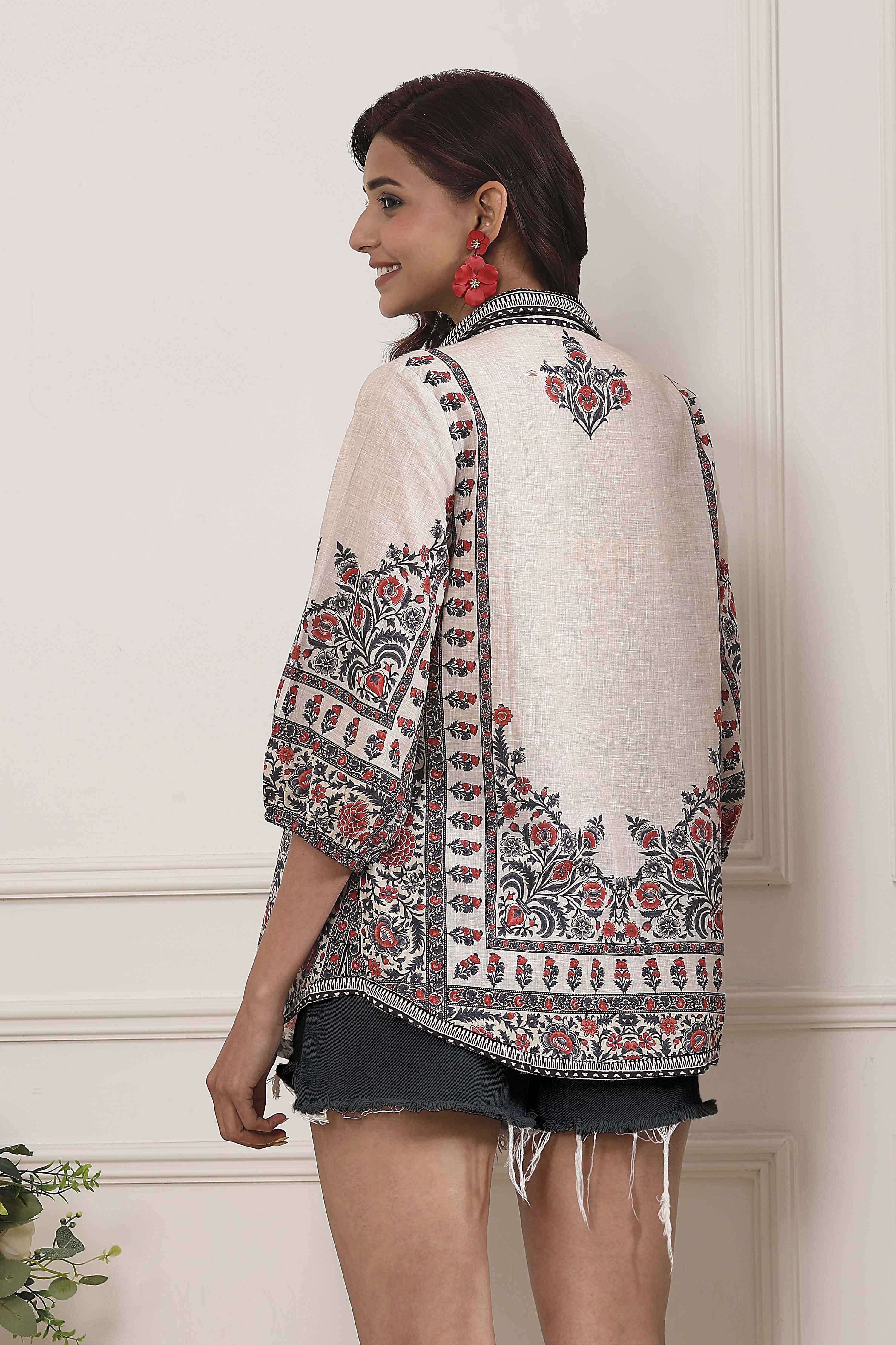 Brown Cotton Printed Straight Short Kurta image number 3