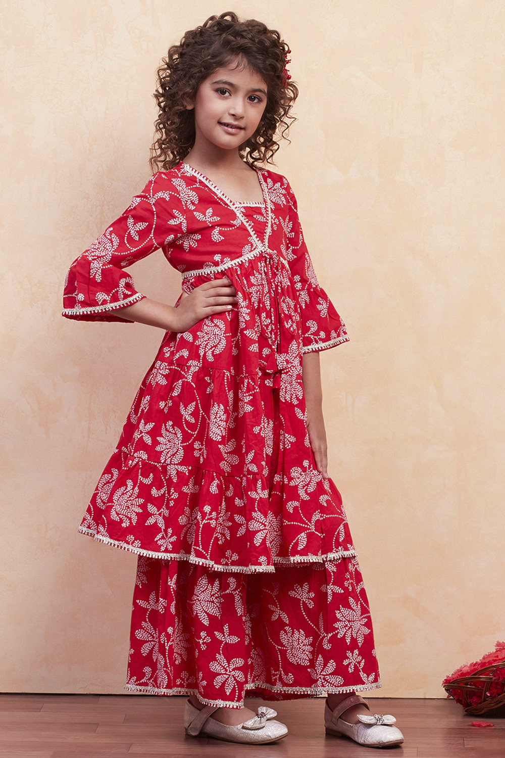 Orange Cotton Printed Tiered Kurta Set image number 5