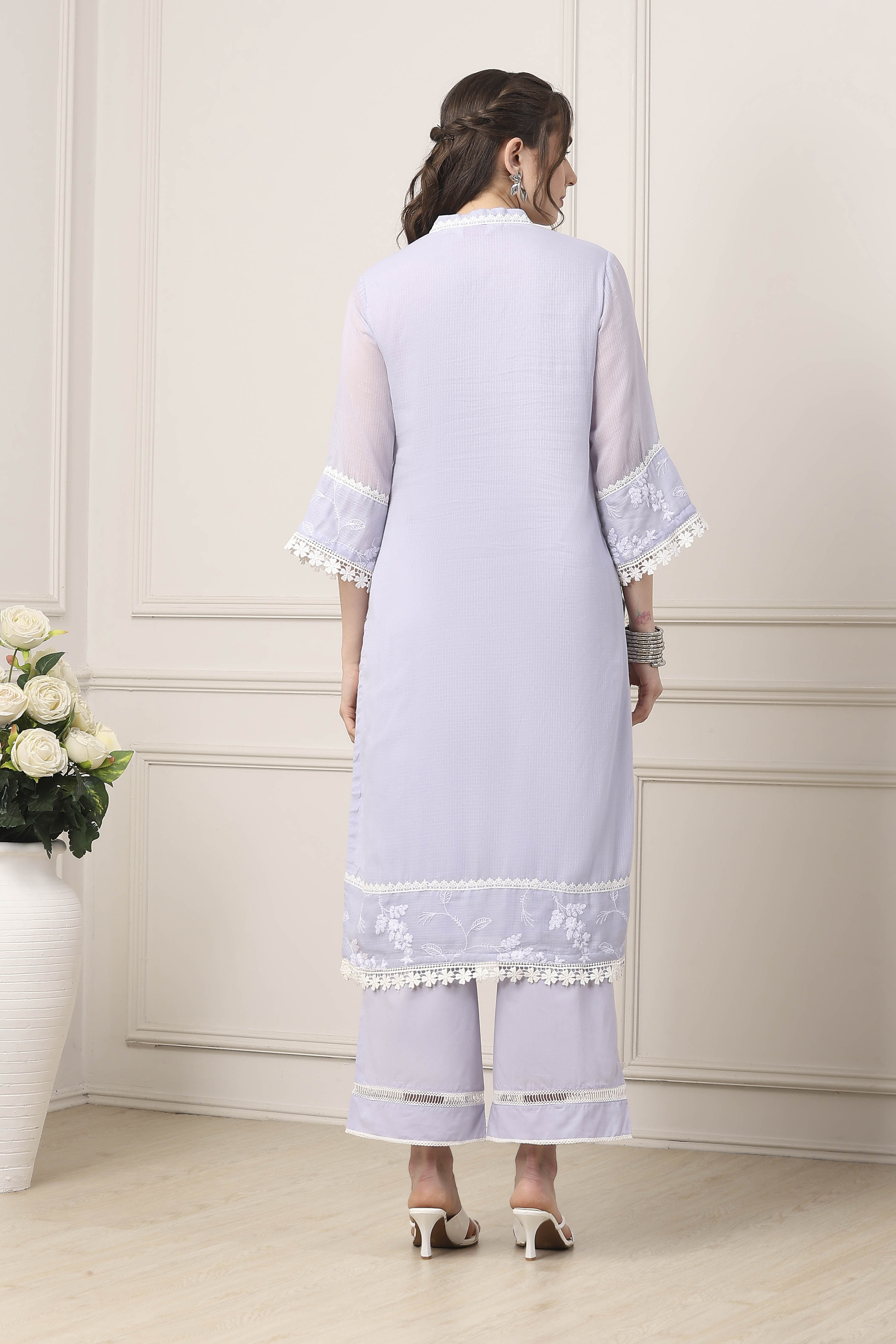 Lavender Cotton Floral Embroidered Straight Suit Set image number 4