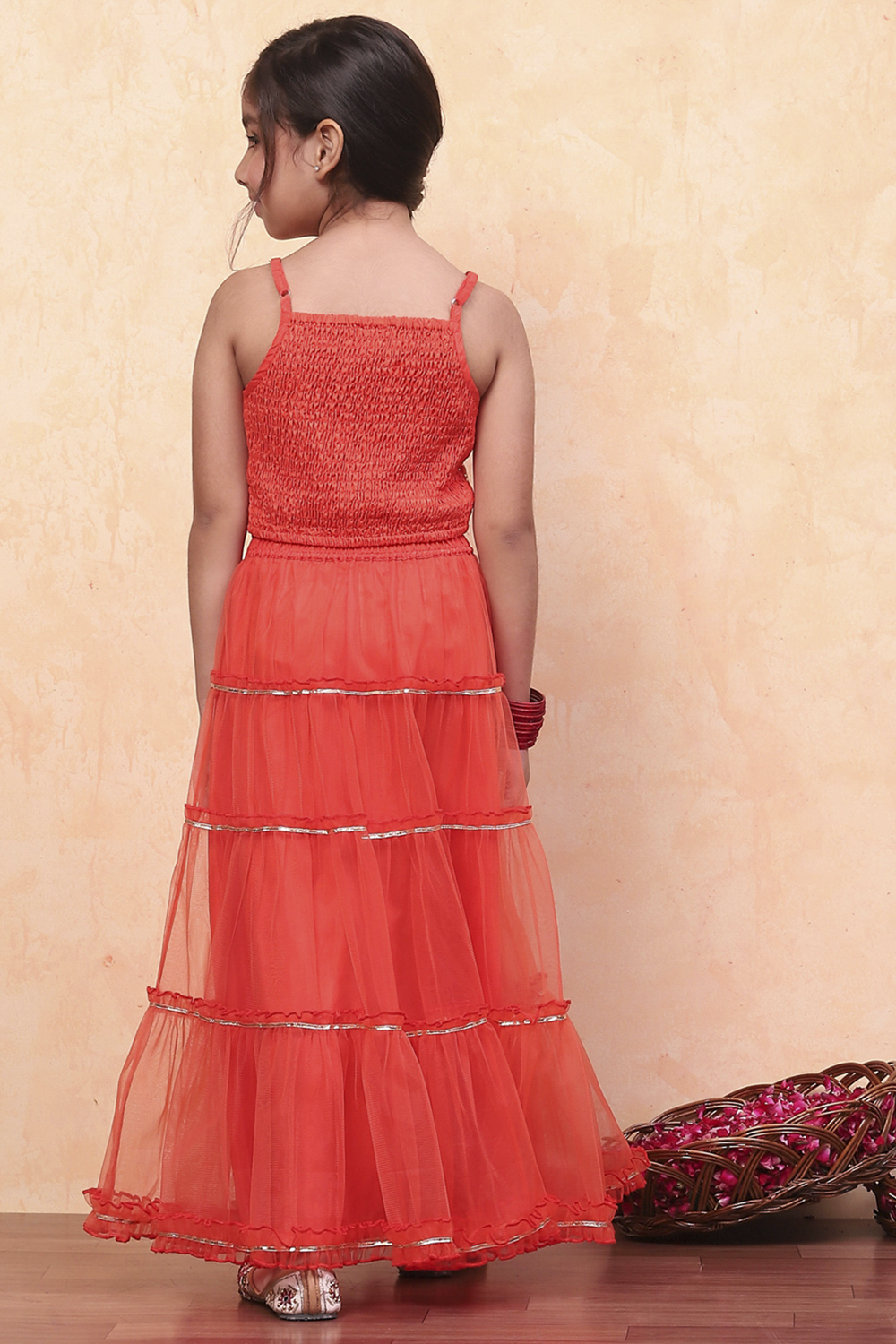 Orange Poly Chanderi Metallic Tiered Flared Lehenga Set image number 4