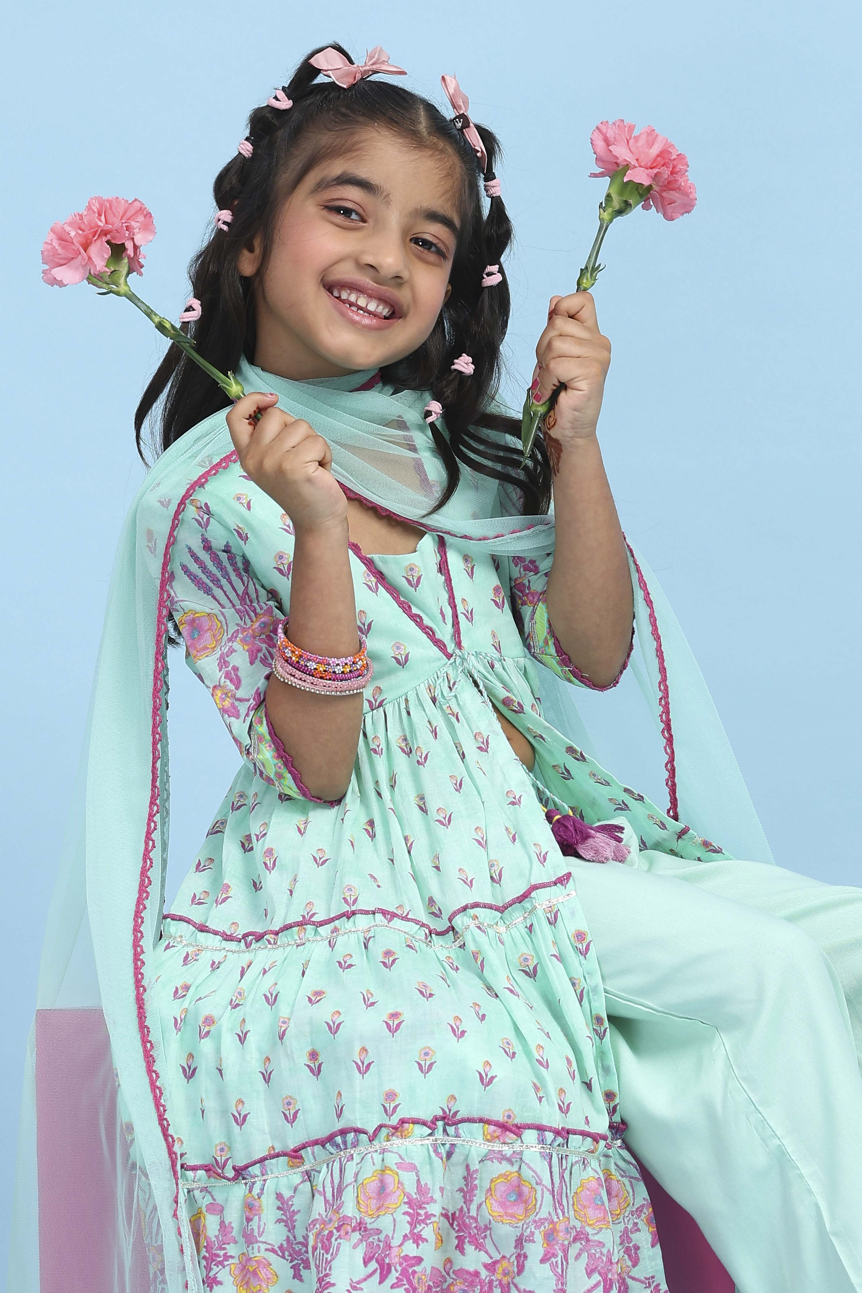 Sea-Green Cotton Printed Tiered Suit Set image number 6