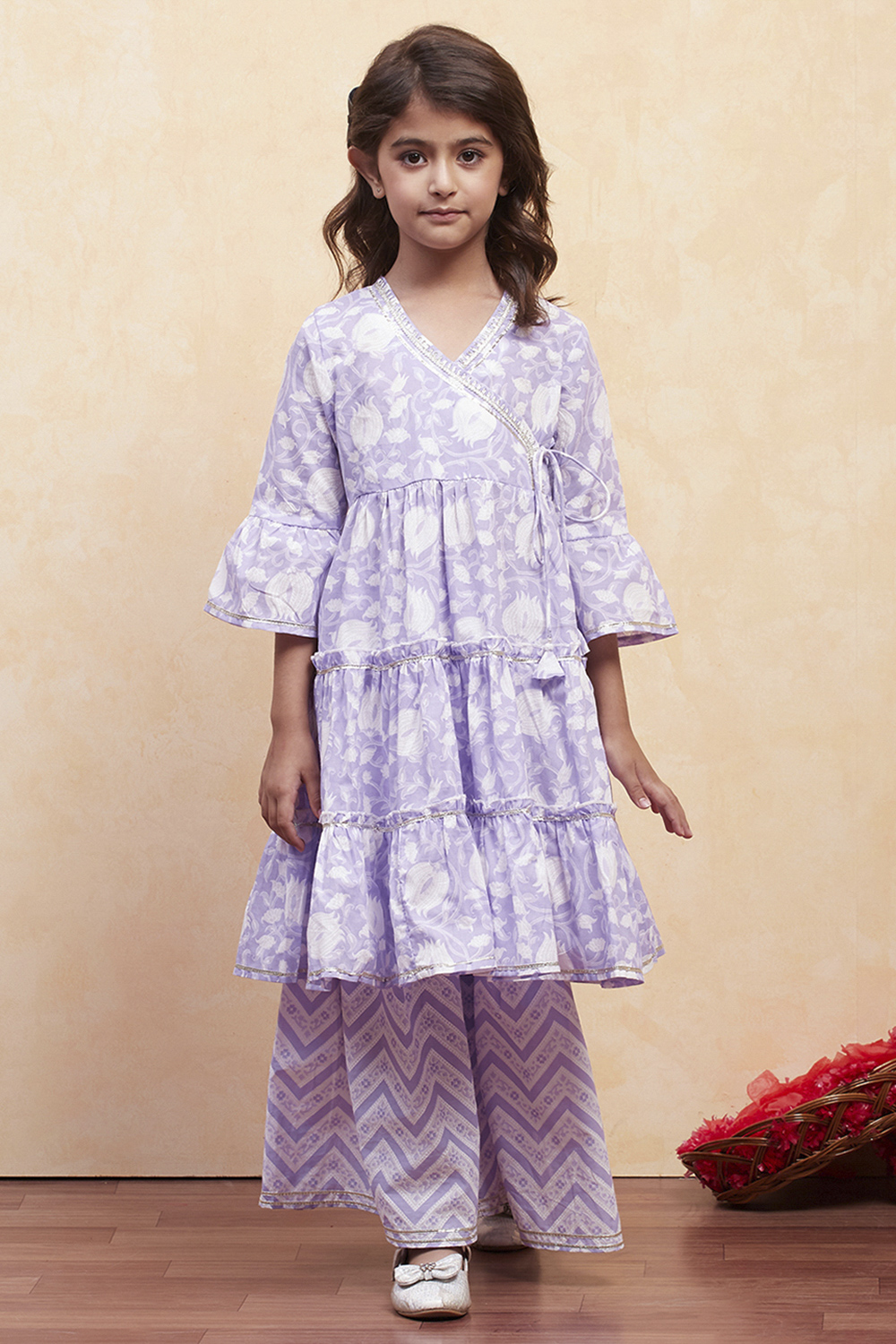 Pink Cotton Angrakha Tiered Kurta Set image number 6