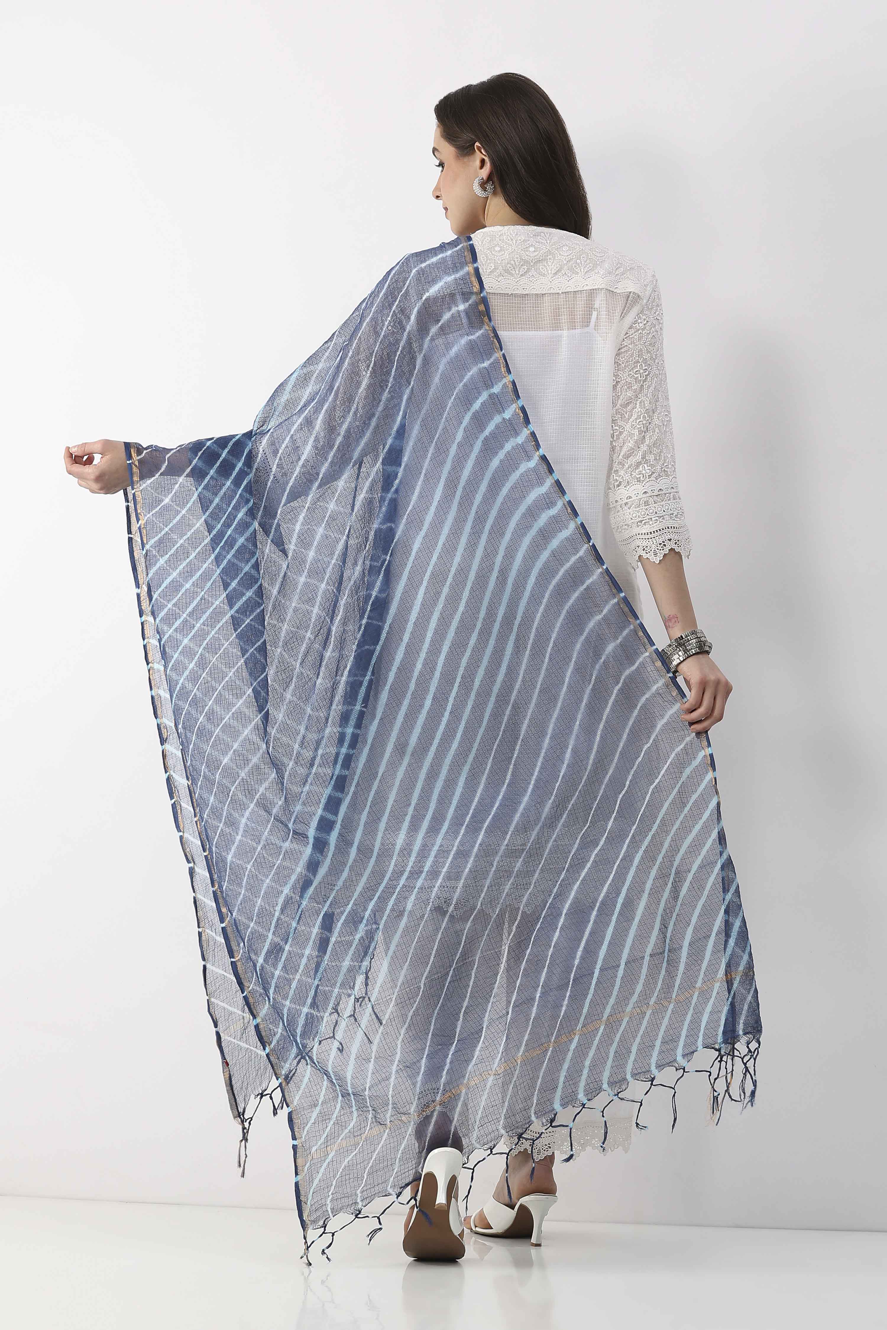 Blue & White All-Over Striped Dupatta image number 2