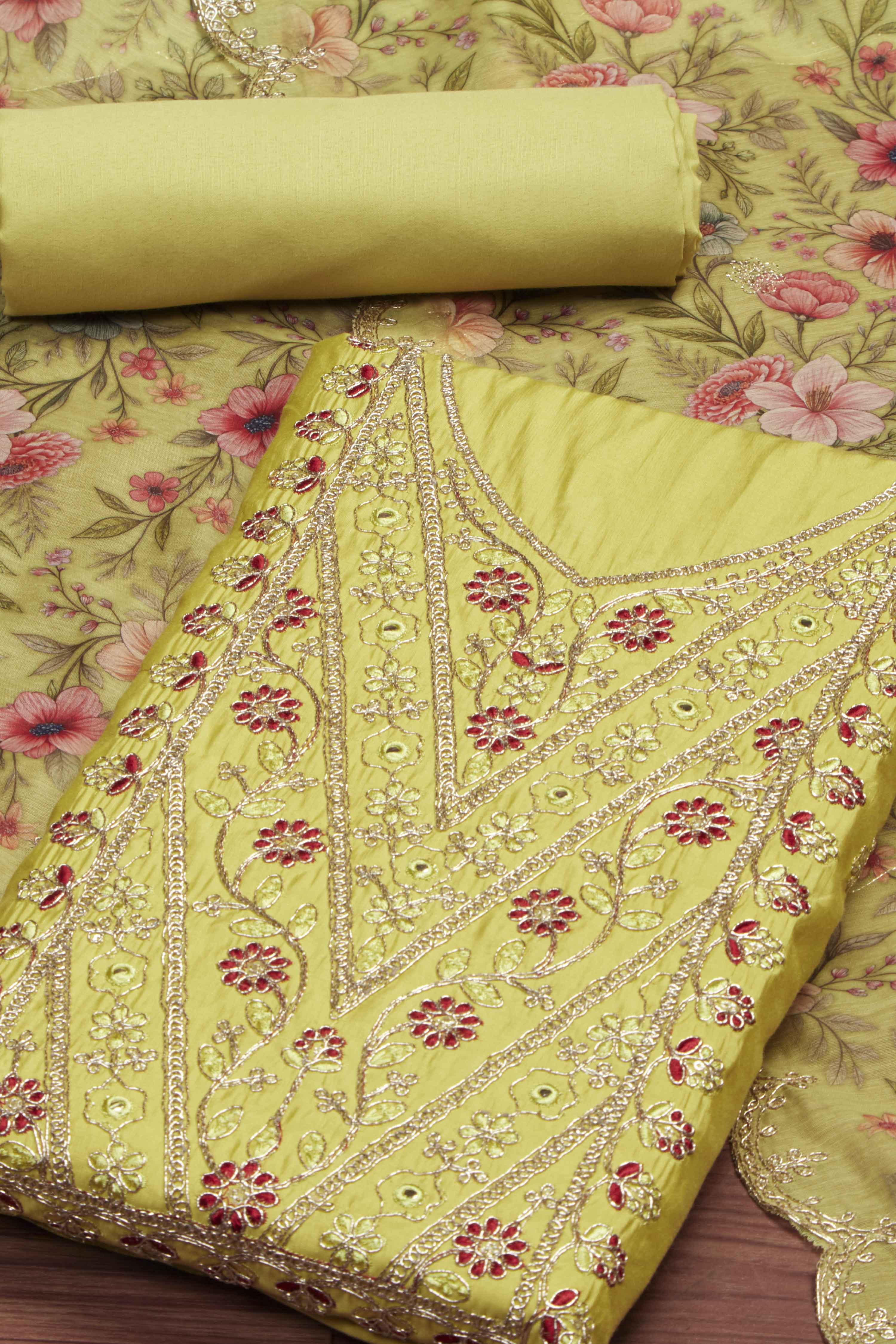 Teal Chanderi Unstitched Suit Set image number 1