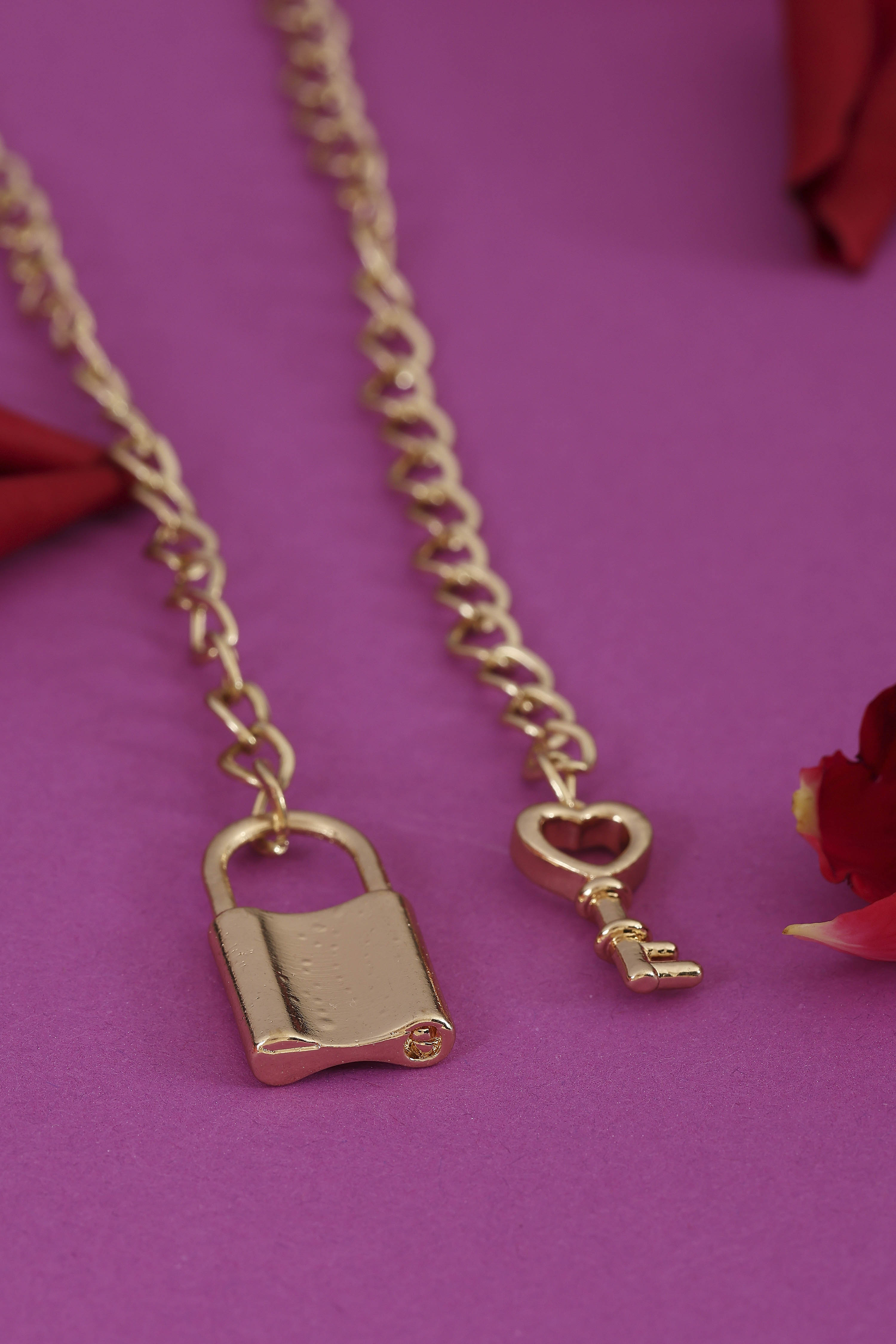 Gold Plated Brass Lock & Key Necklace image number 4