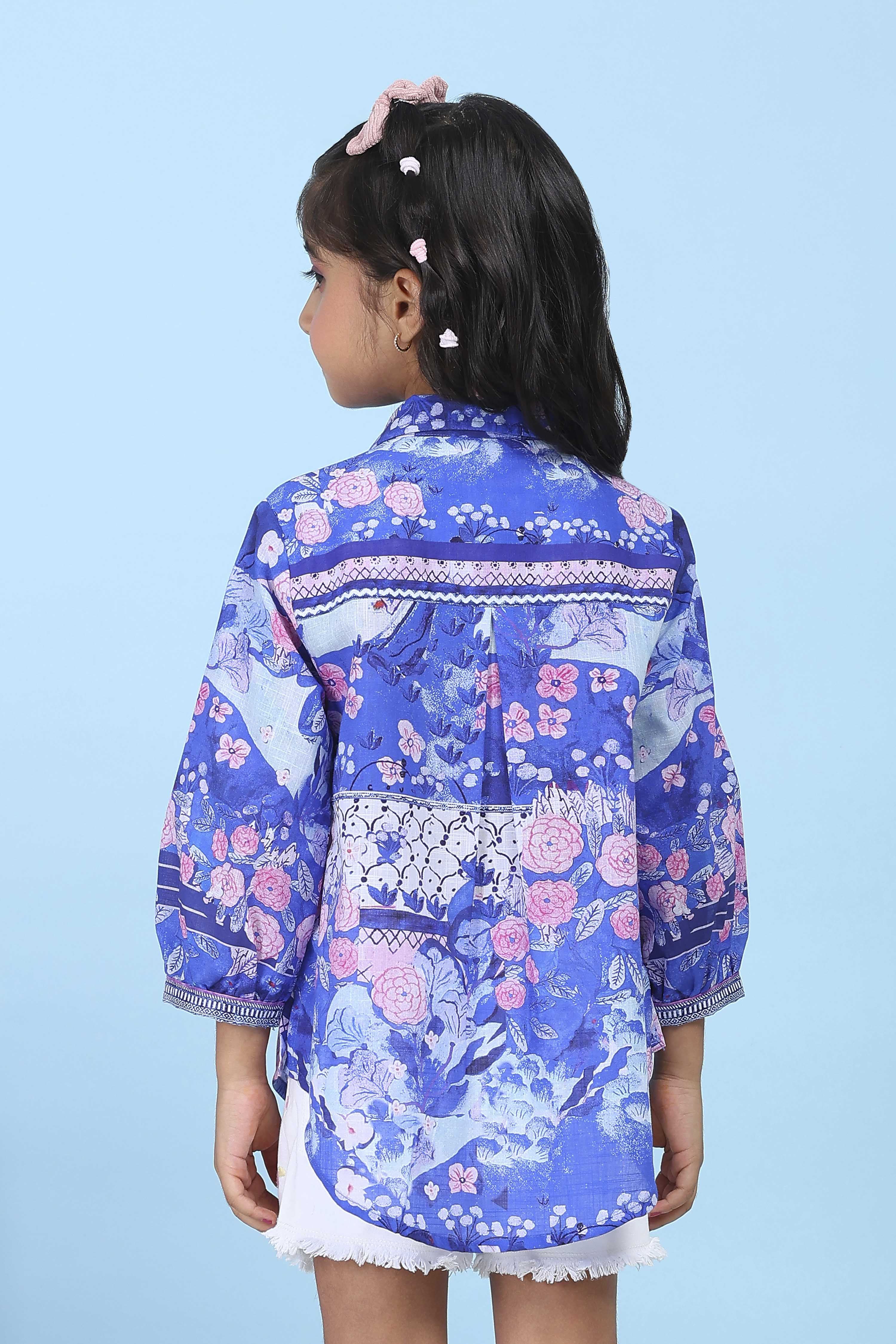 Blue Cotton Floral Printed Shirt image number 3