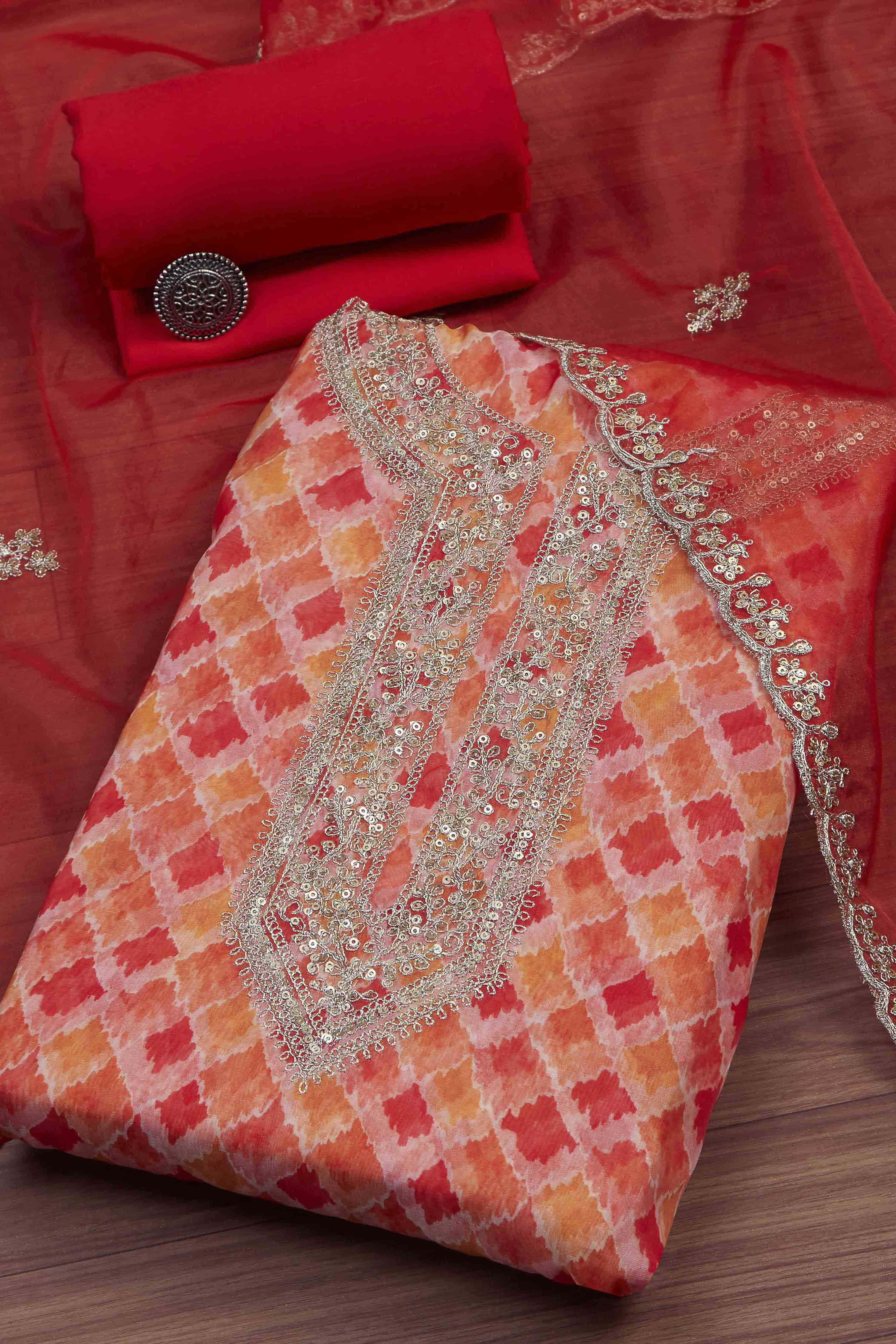 Yellow Organza Rajasthani Print Unstitched Suit Set image number 0