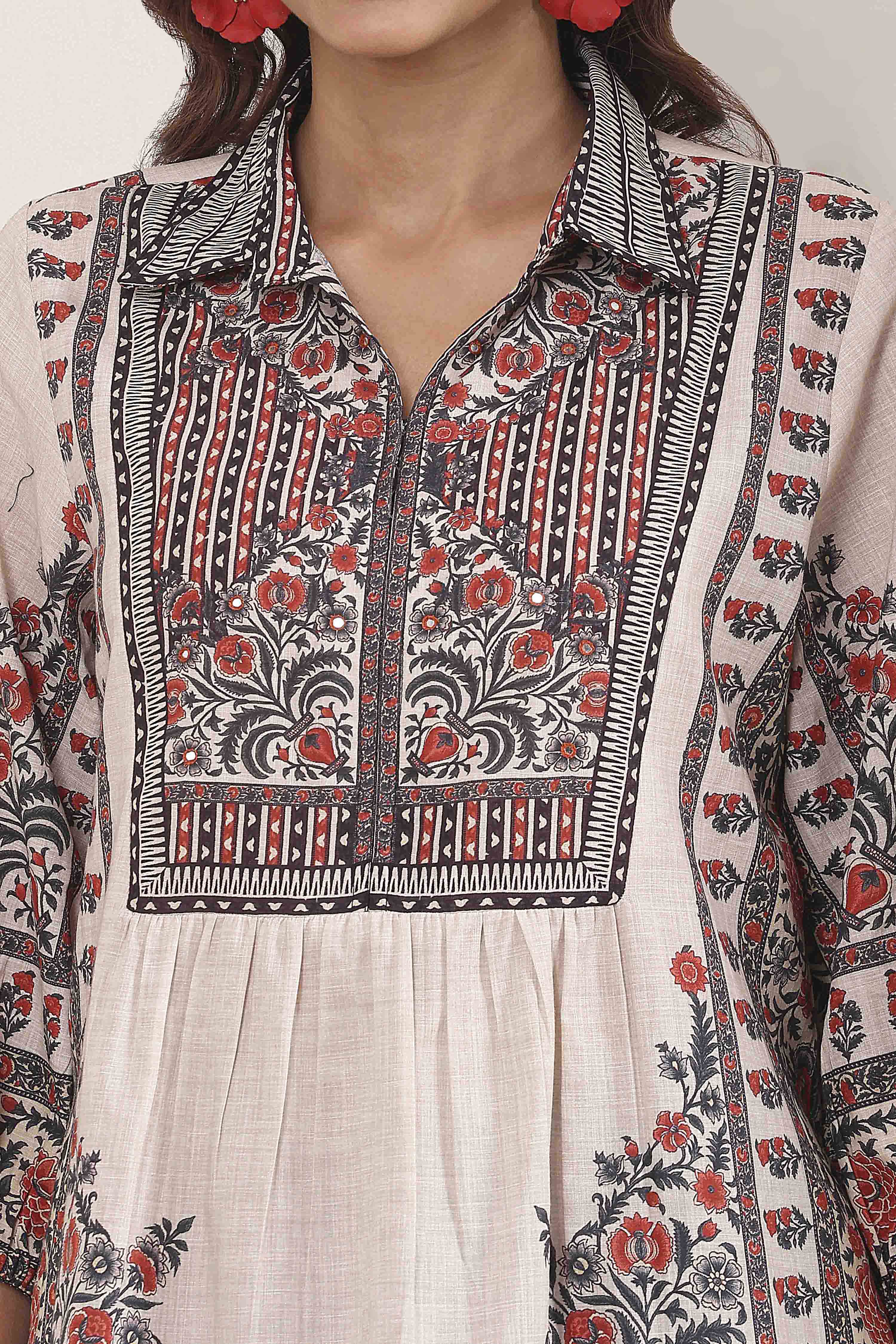 Brown Cotton Printed Straight Short Kurta image number 1