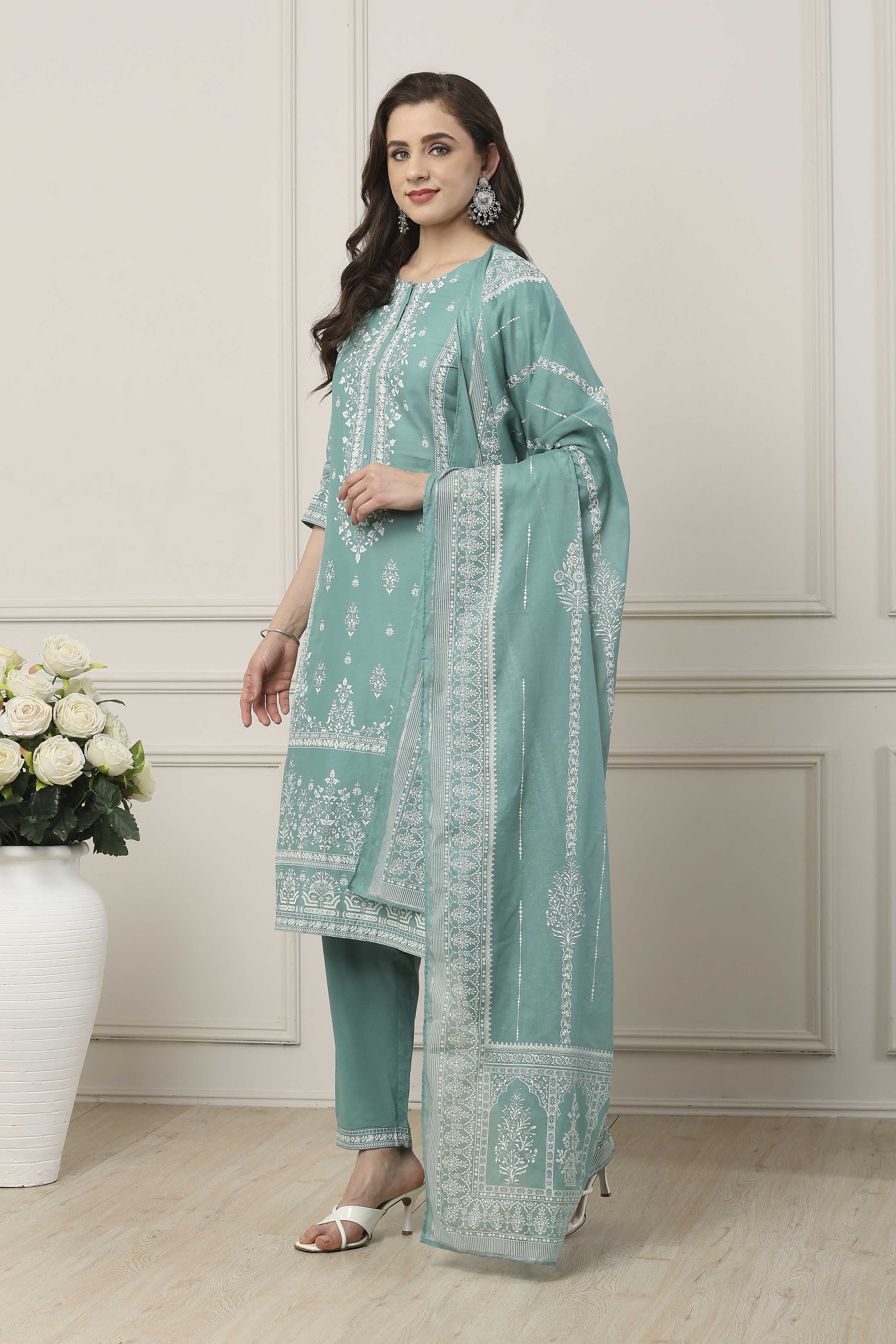 Turquoise Blue Cotton Floral Printed Straight Suit Set image number 3