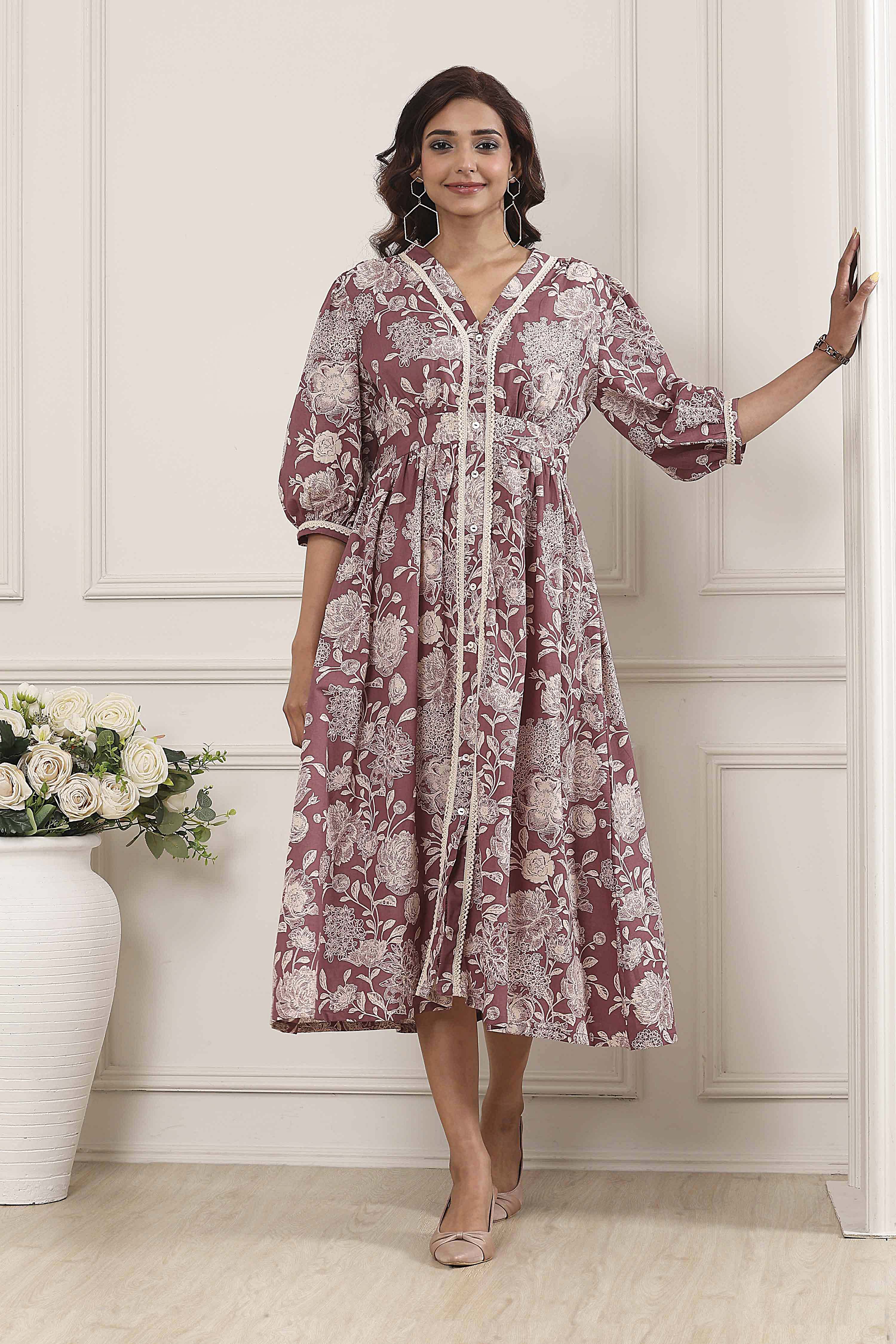Nude-Colored Cotton Printed Flared A-Line Dress image number 0