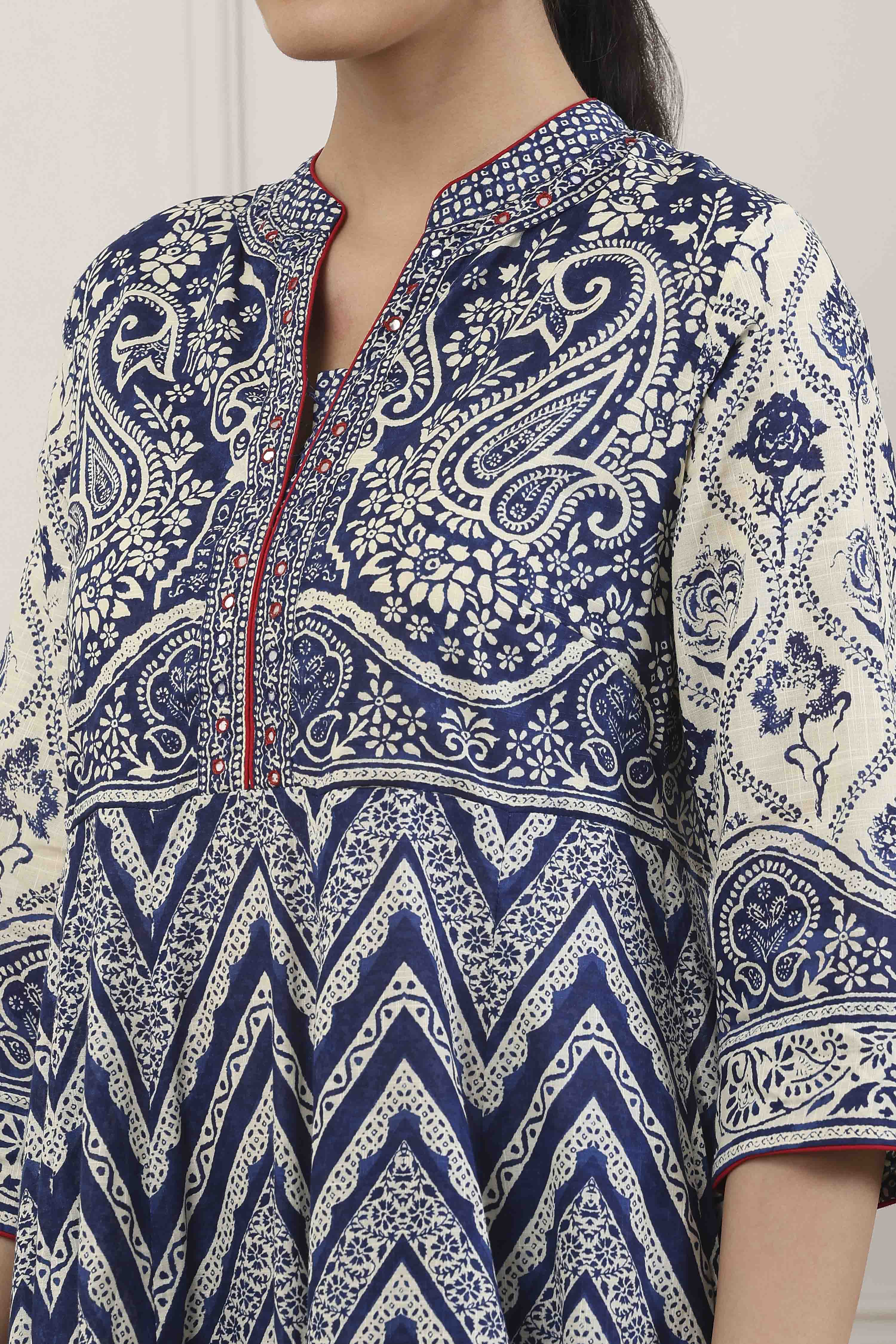 Blue Cotton Paisley & Chevron Printed Anarkali Suit Set image number 1