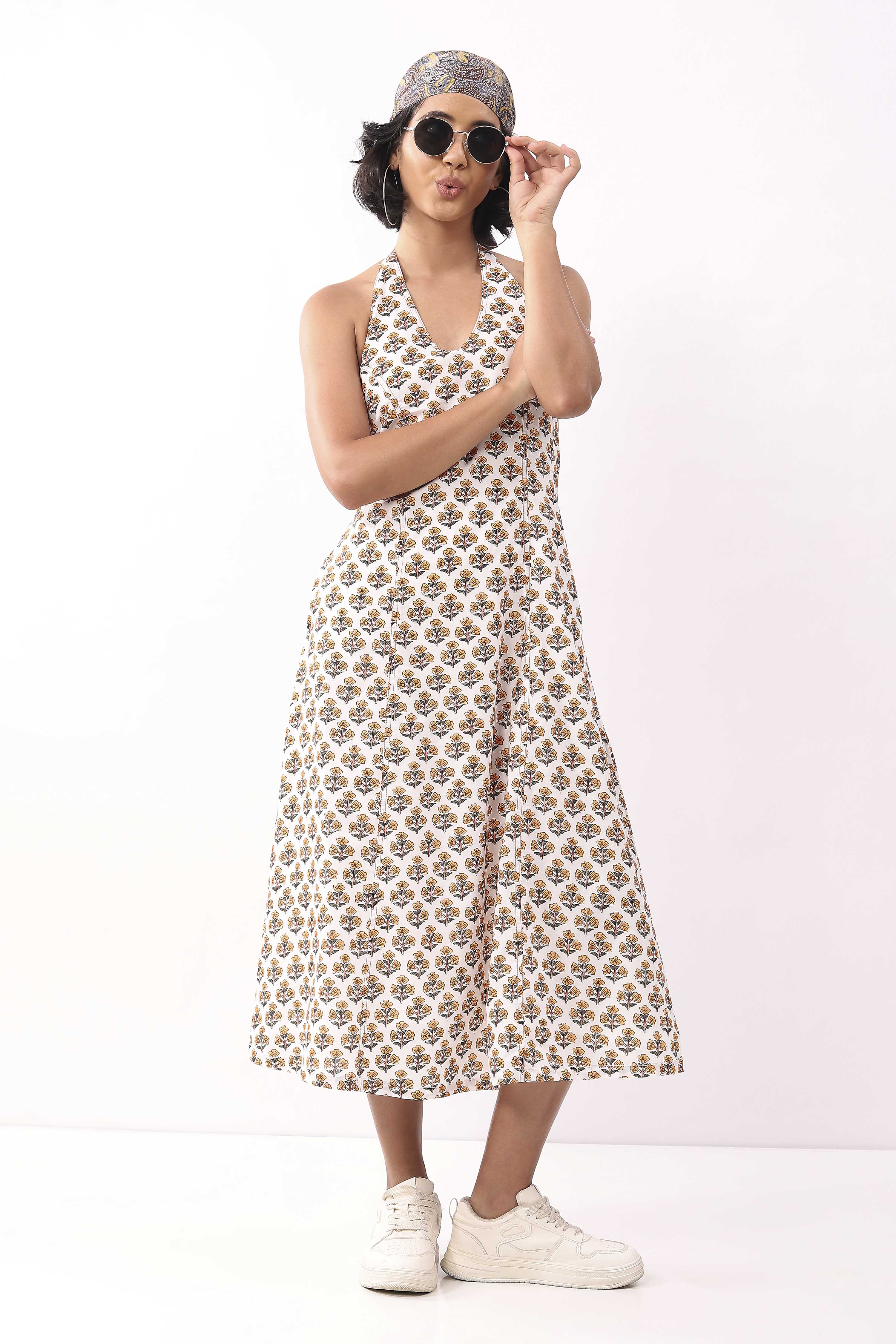 Ivory Cotton Floral Tie-Up Midi A-Line Dress image number 0