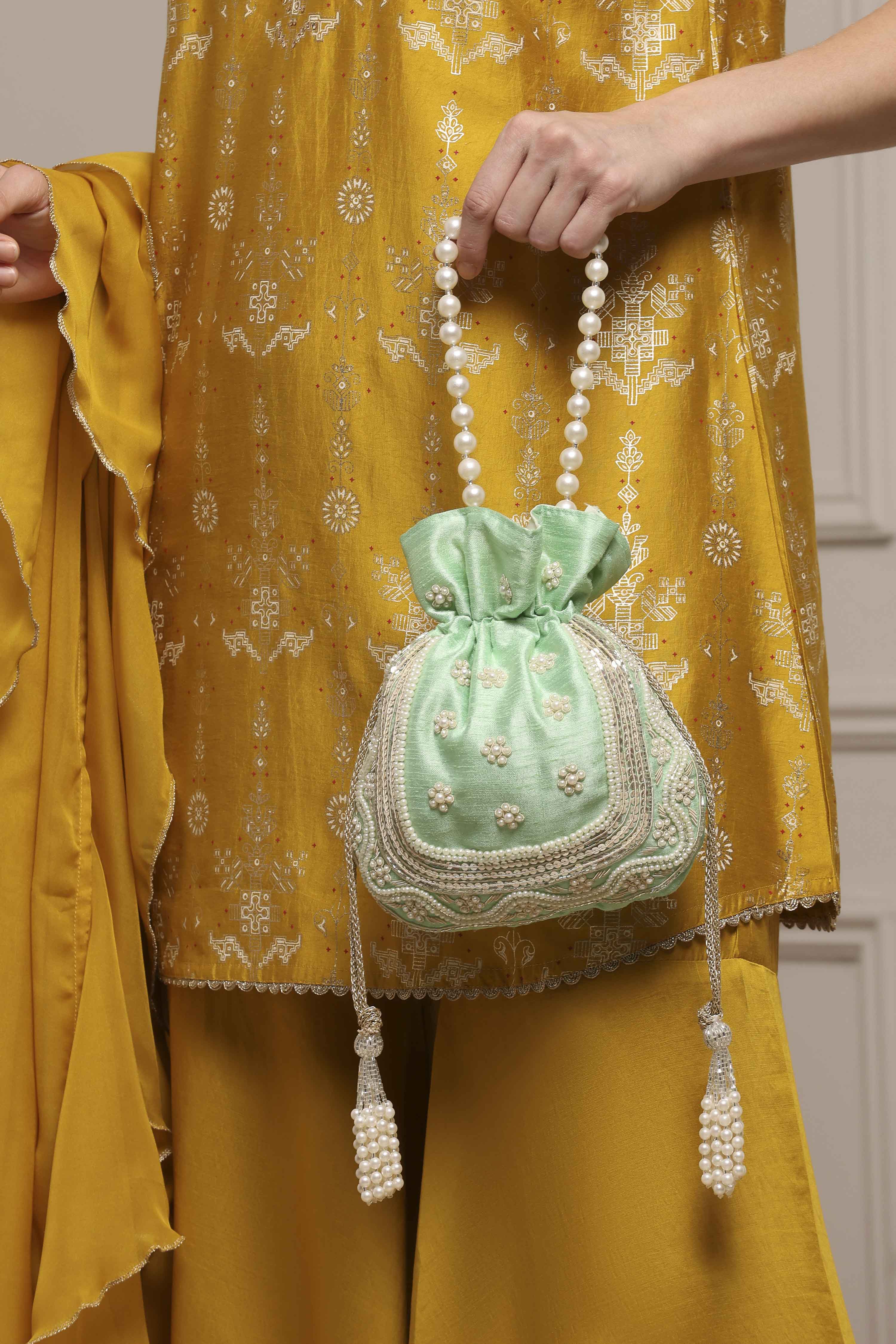 Green Fabric Floral Embellished Potli image number 7