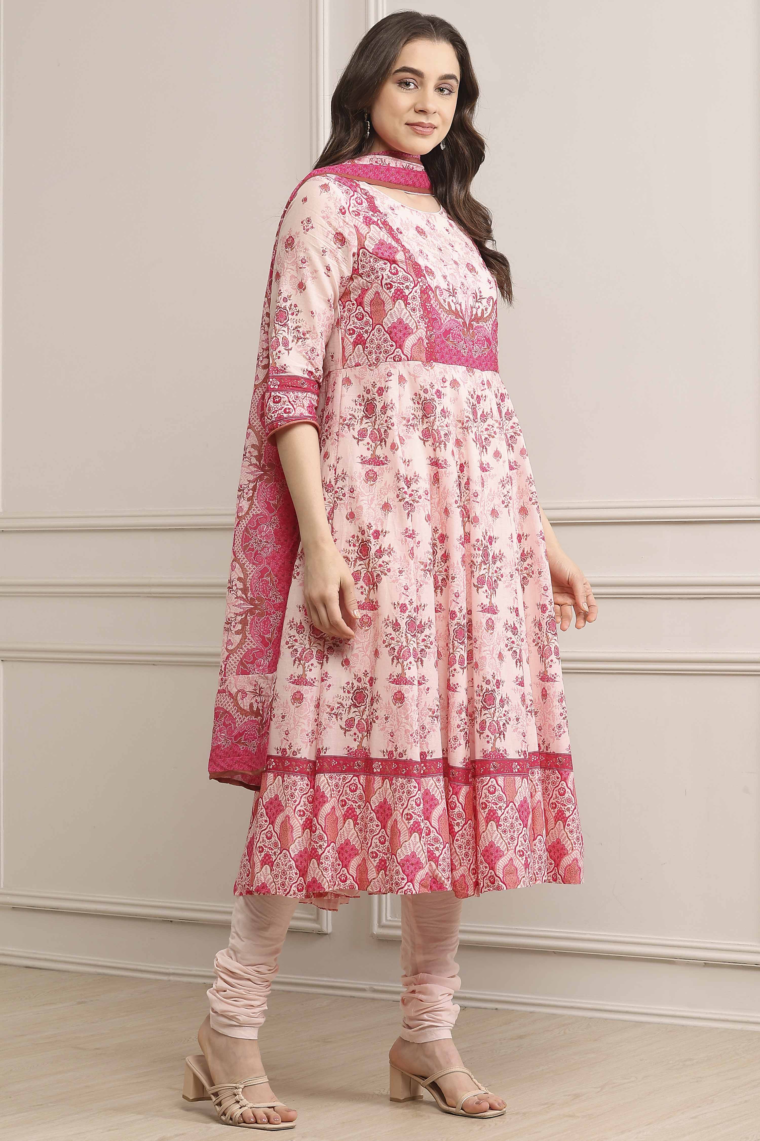 Blue Cotton Printed Anarkali Suit Set image number 5