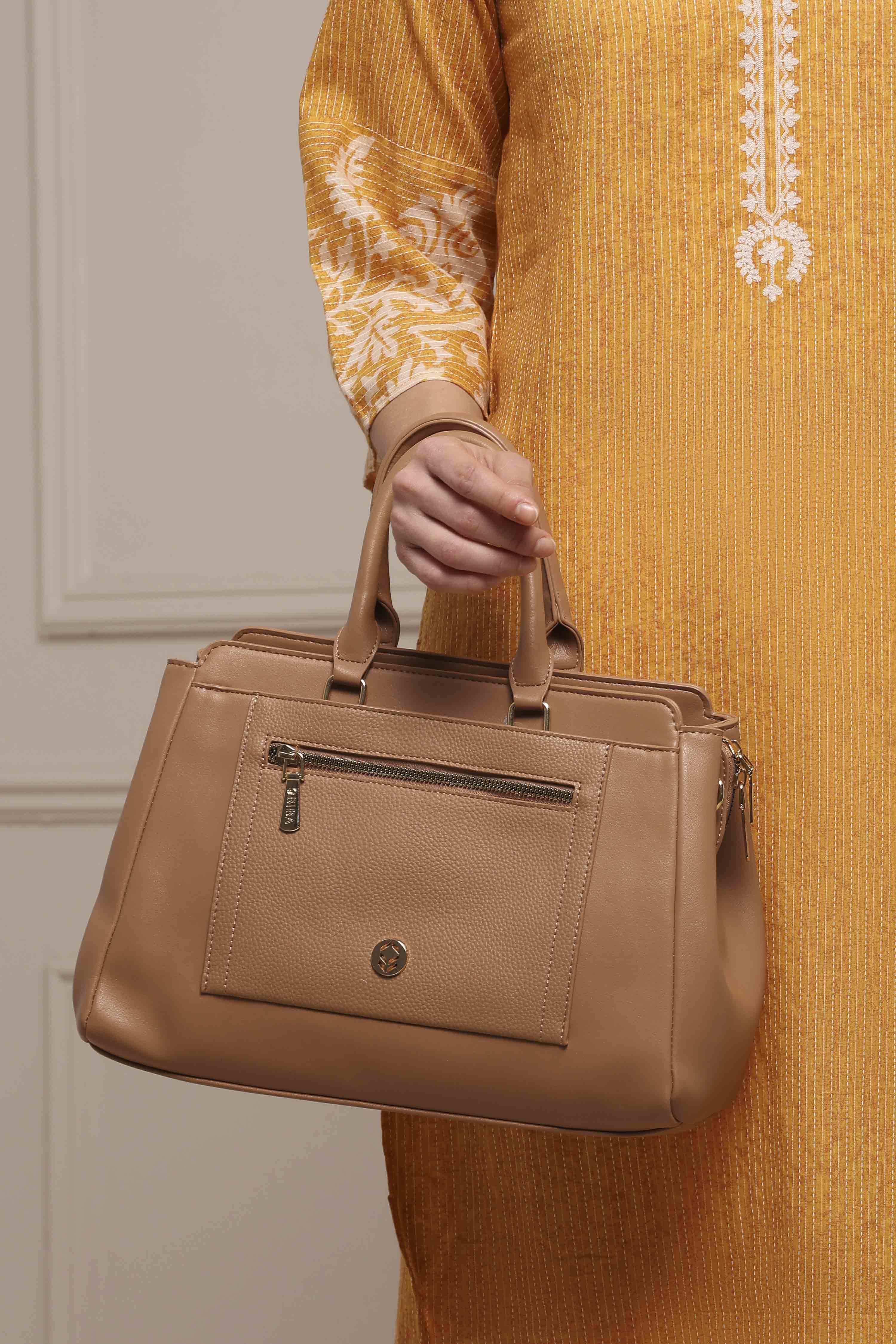 Brown PU Solid Structured Handheld Bag image number 8